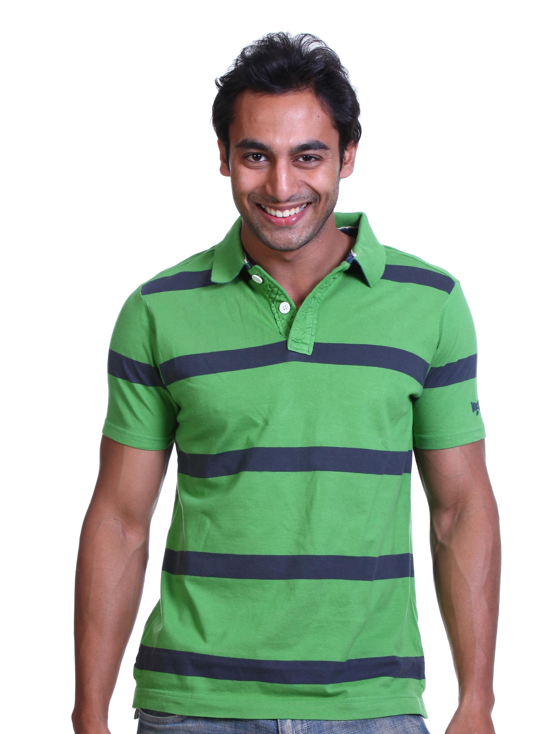 Basics Men Green Striped Polo T-shirt