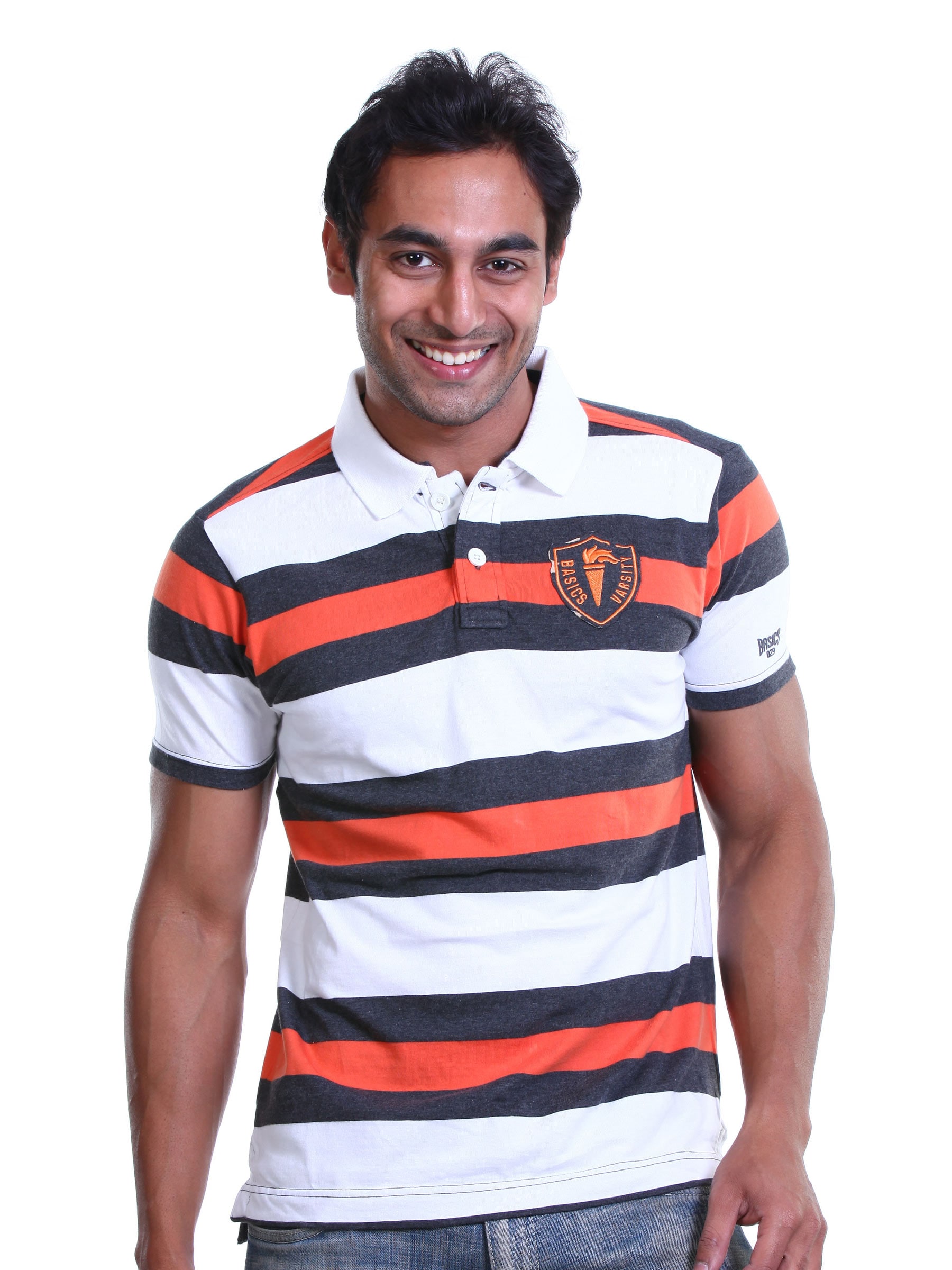 Basics Men Orange & White Polo T-shirt