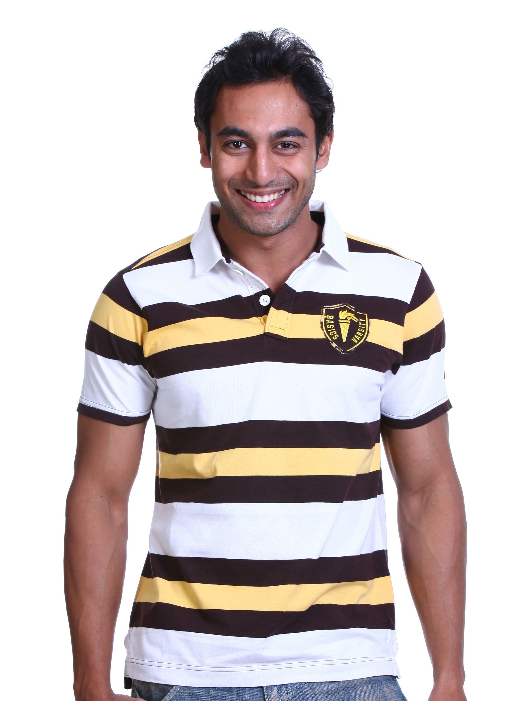 Basics Men Yellow Striped Polo T-shirt