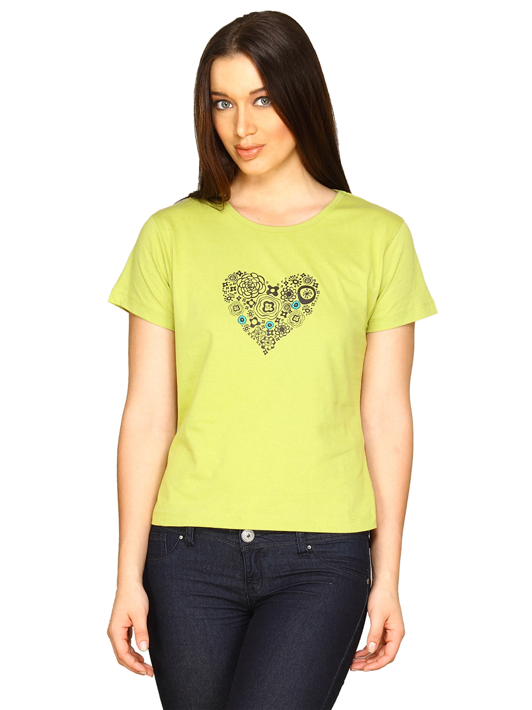 Tantra Women's Green Flower Heart Yellow T-shirt