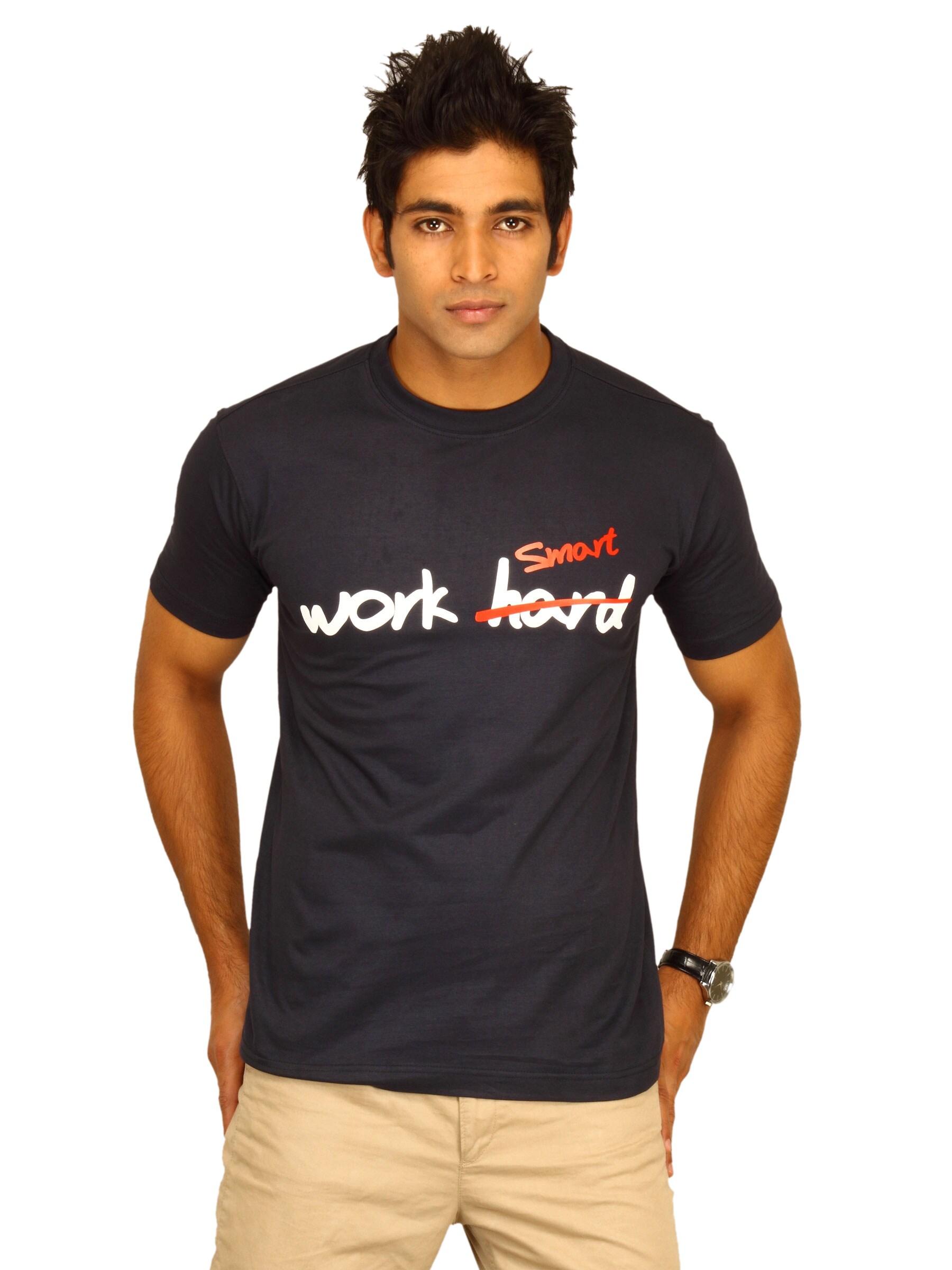 Myntra Men's Work Hard/ Smart Navy Blue T-shirt