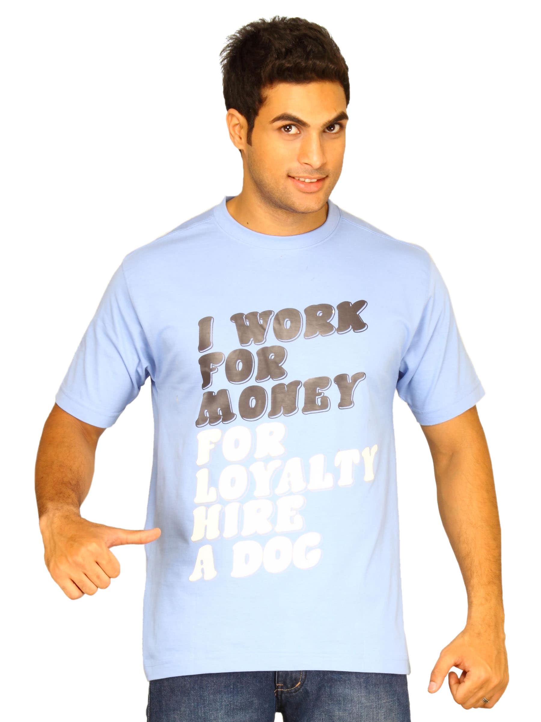 Myntra Men's I work for money Sky Blue T-shirt