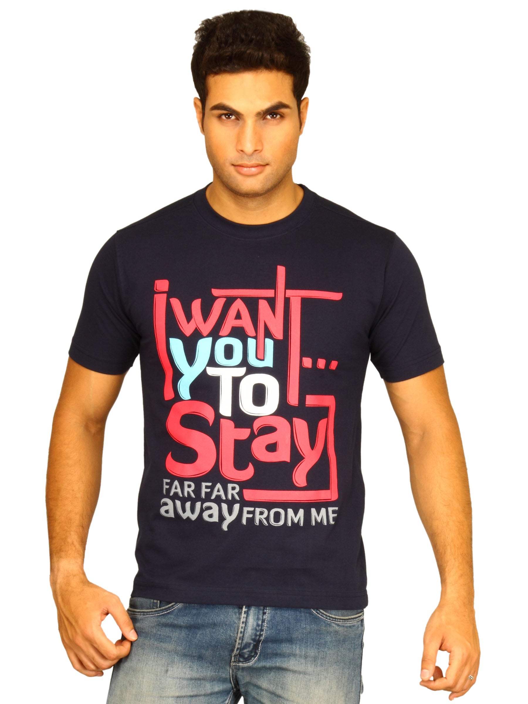 Myntra Men's I Want You To Stay Navy Blue T-shirt