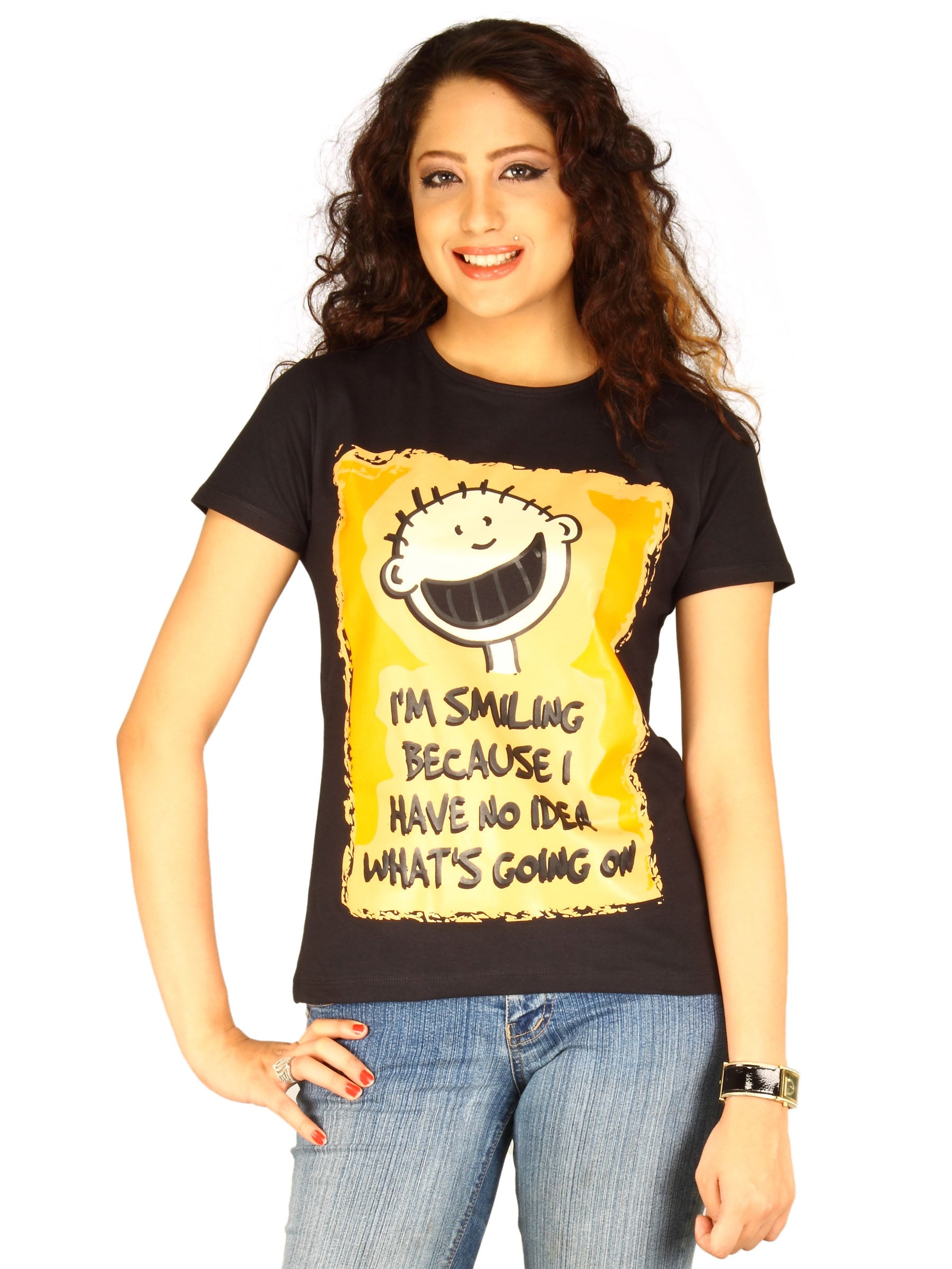 Myntra Women's I'm Smiling Because Black T-shirt