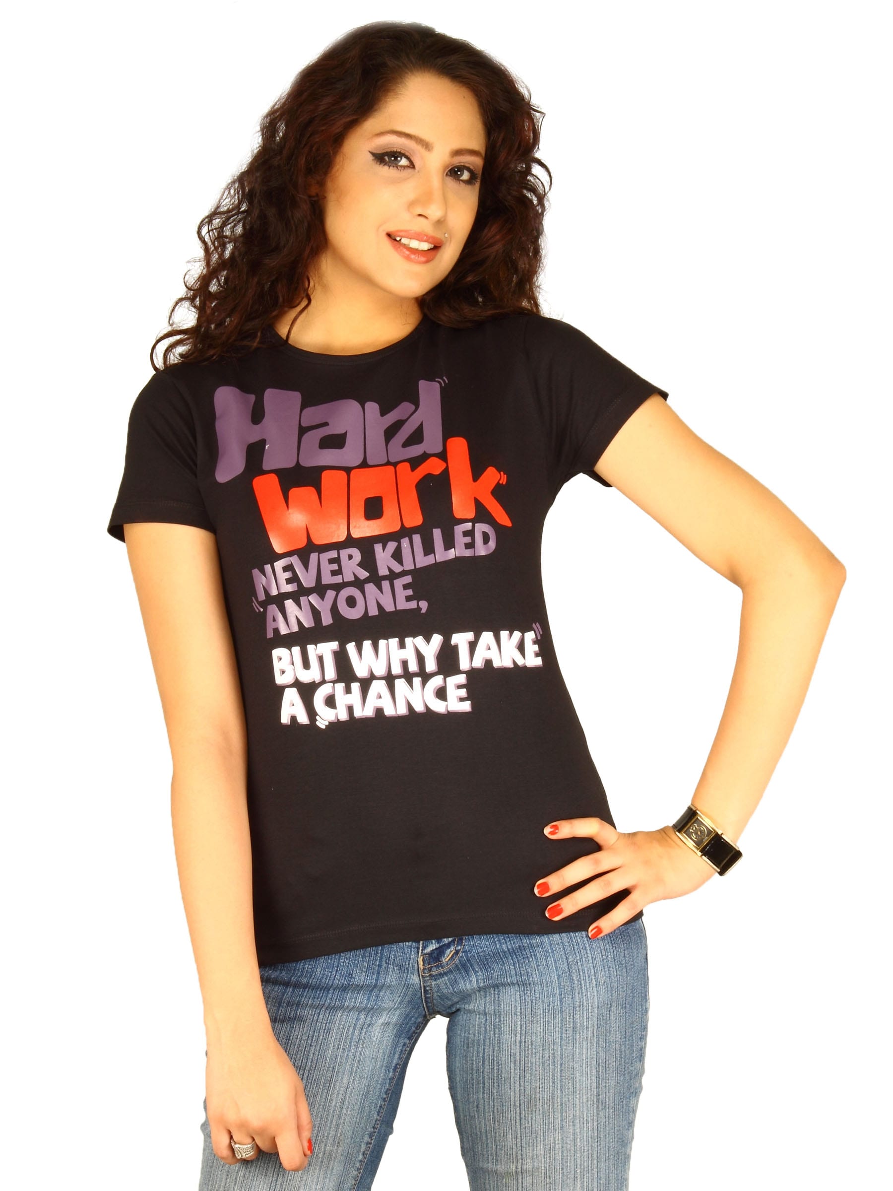 Myntra Women's Hard Work Never Black T-shirt
