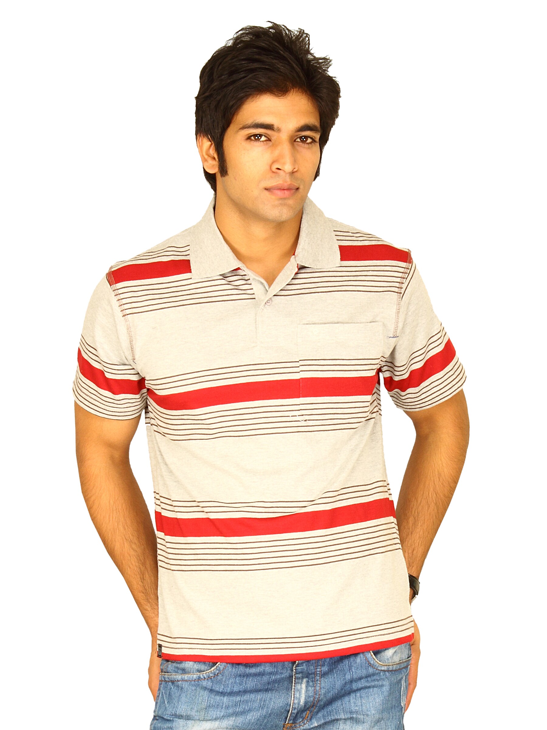 Classic Polo Men's Grey Red & Brown Stripe T-shirt