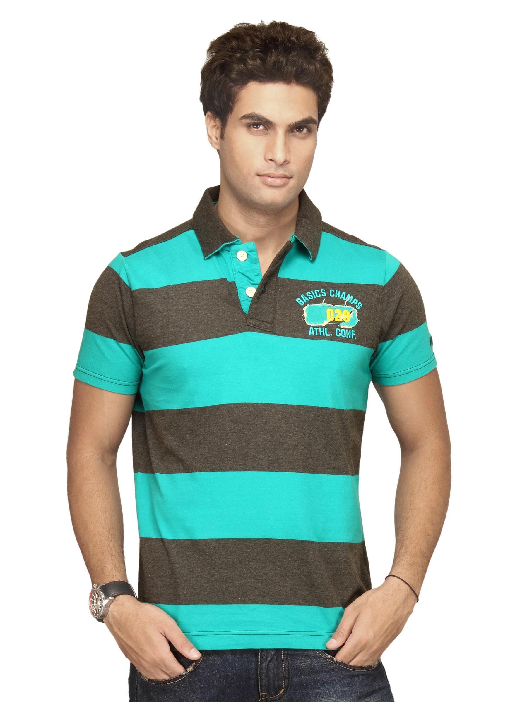 Basics Men Black & Green Striped Polo T-shirt