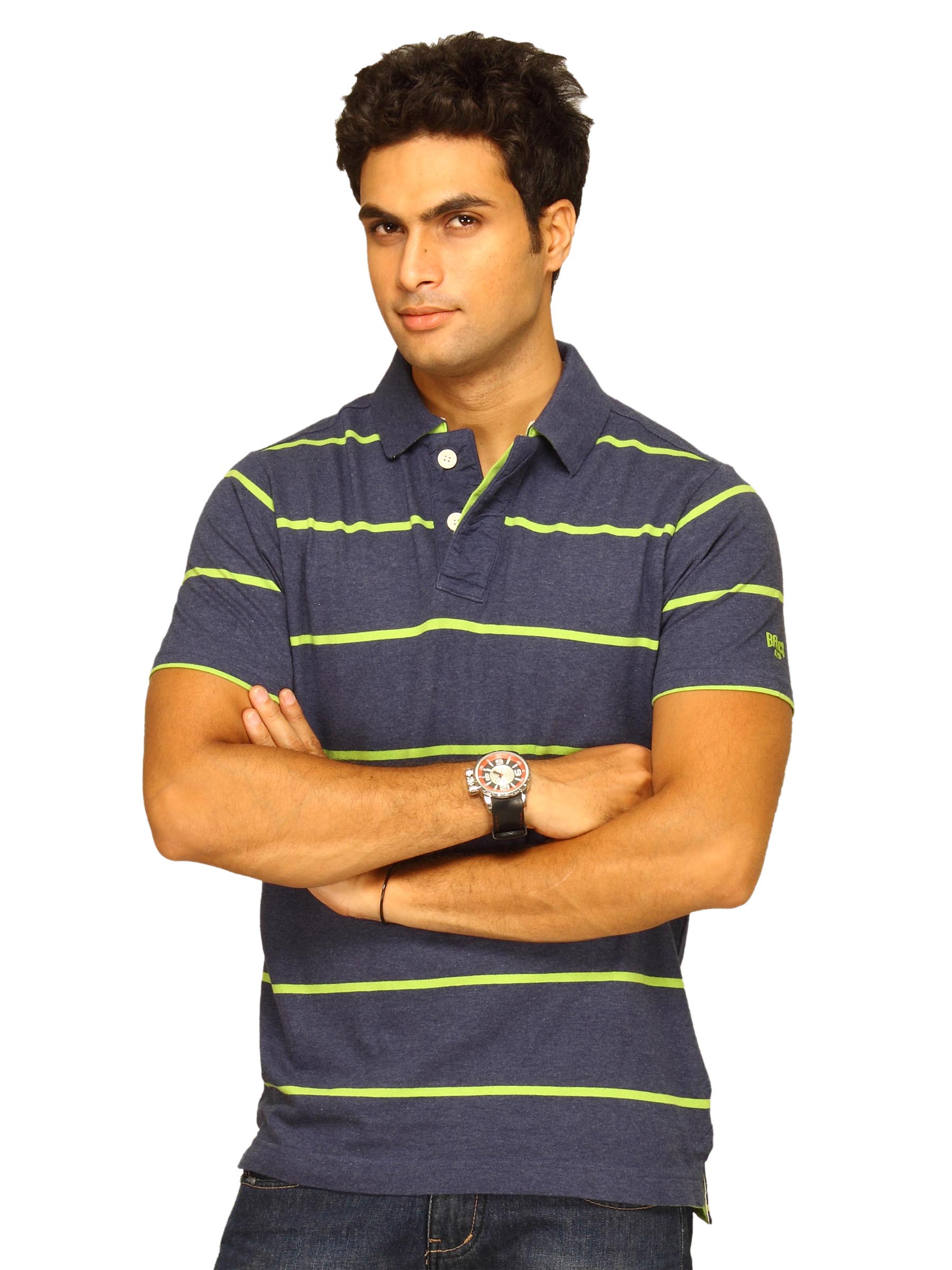 Basics Men Navy & Green Striped Polo T-shirt