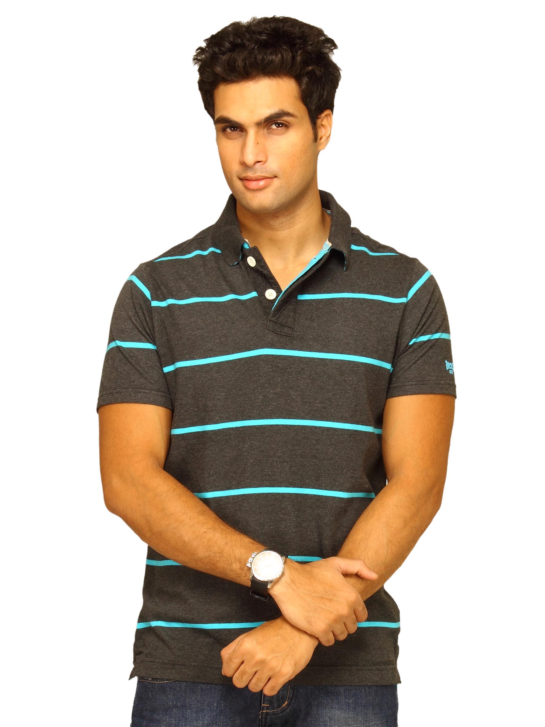 Basics Men Black & Blue Striped Polo T-shirt