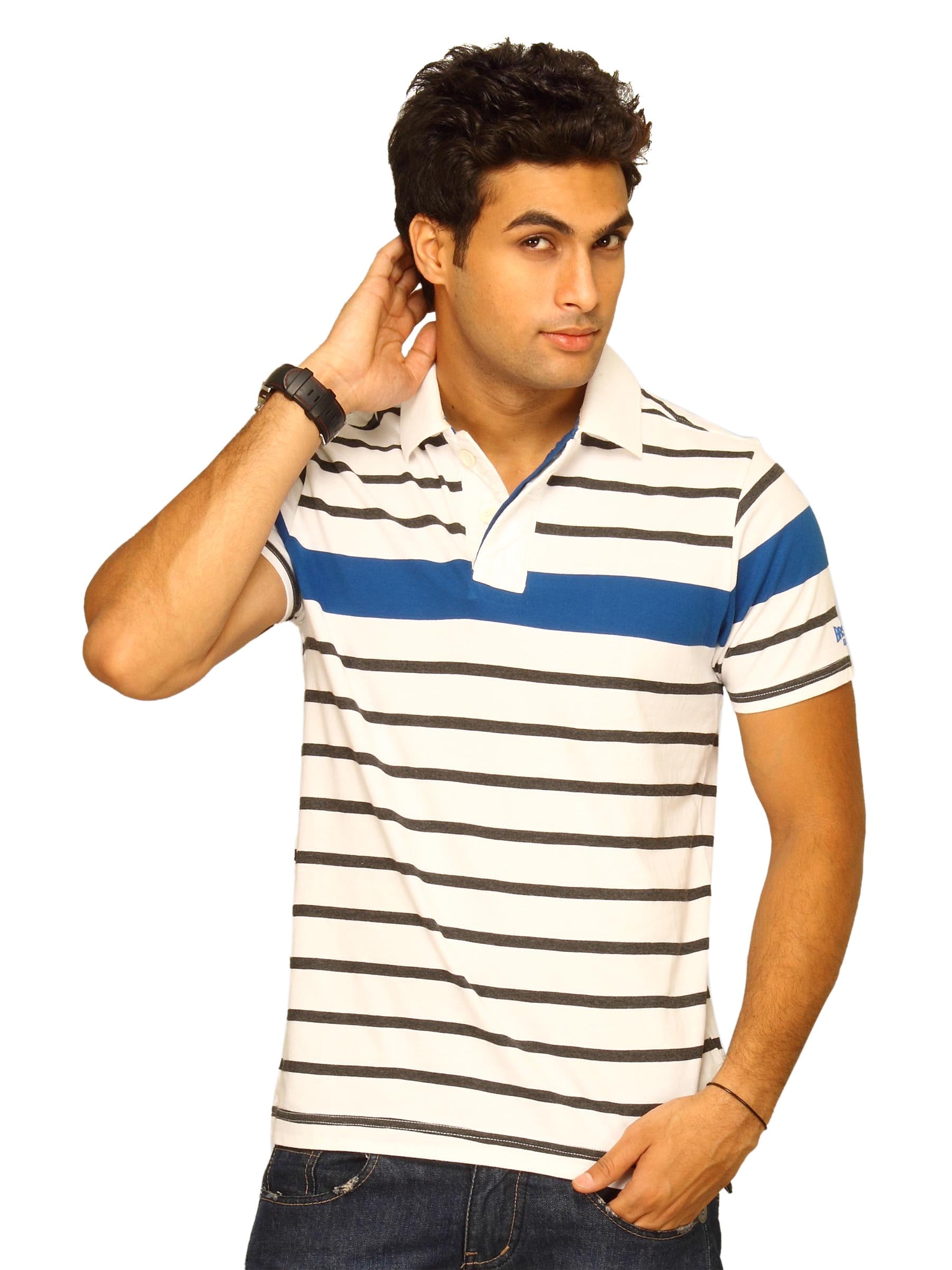 Basics Men White & Blue Striped Polo T-shirt