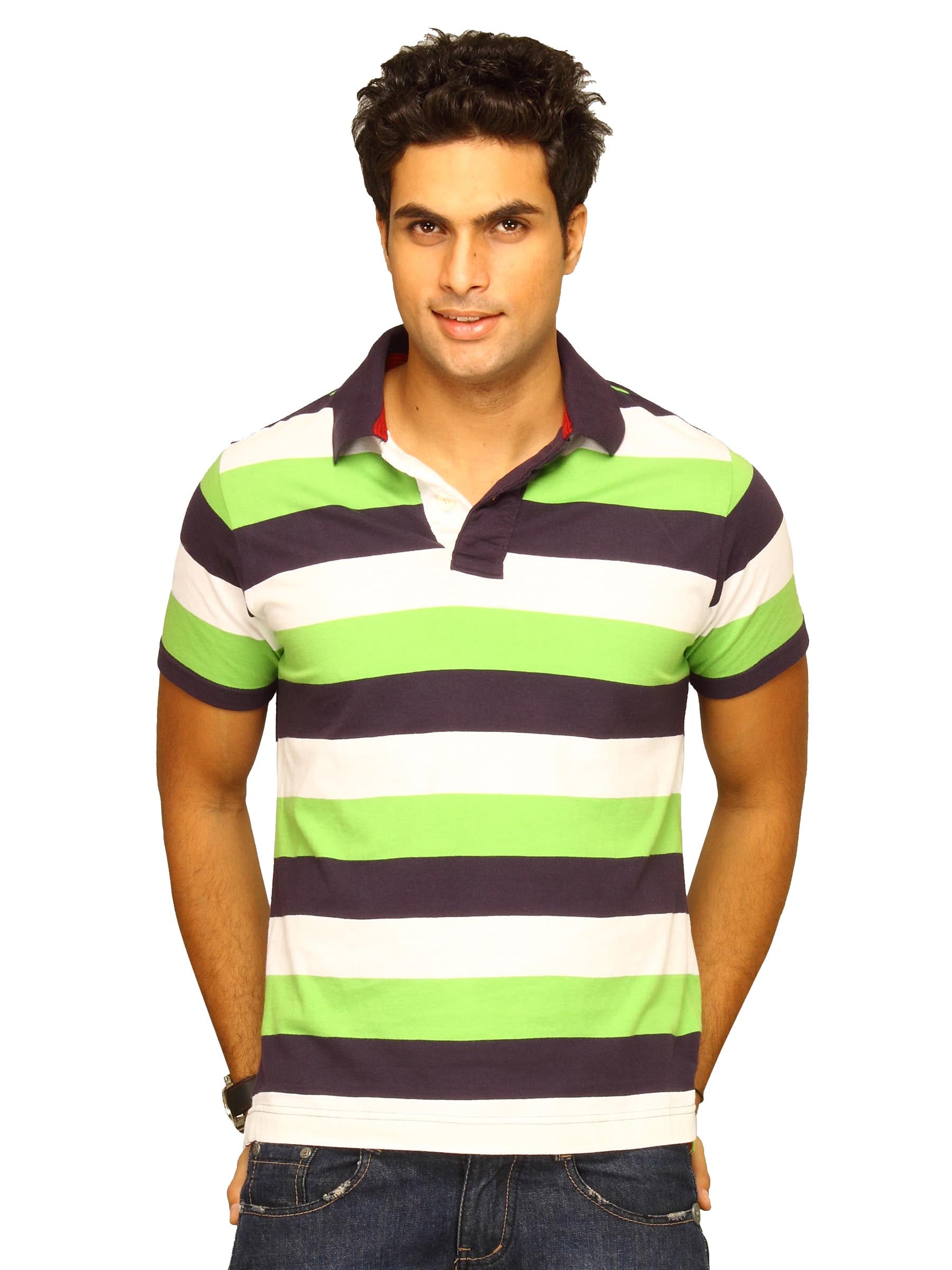 Basics Men White & Green Striped Polo T-shirt