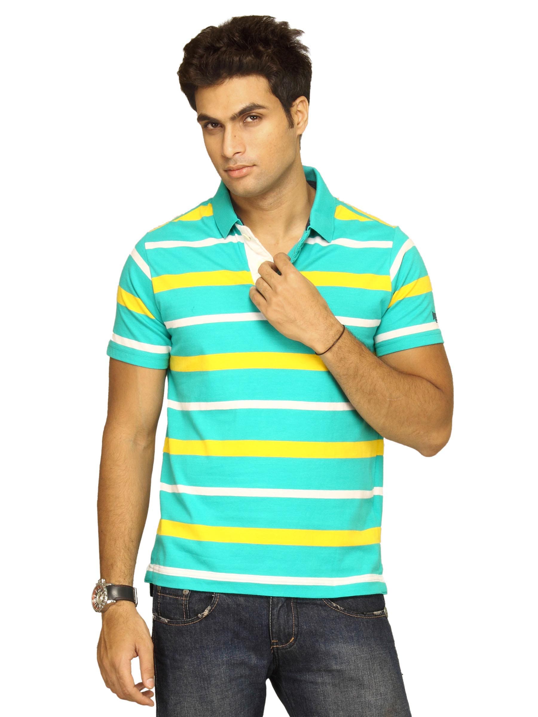 Basics Men Blue & Yellow White Striped Polo T-shirt