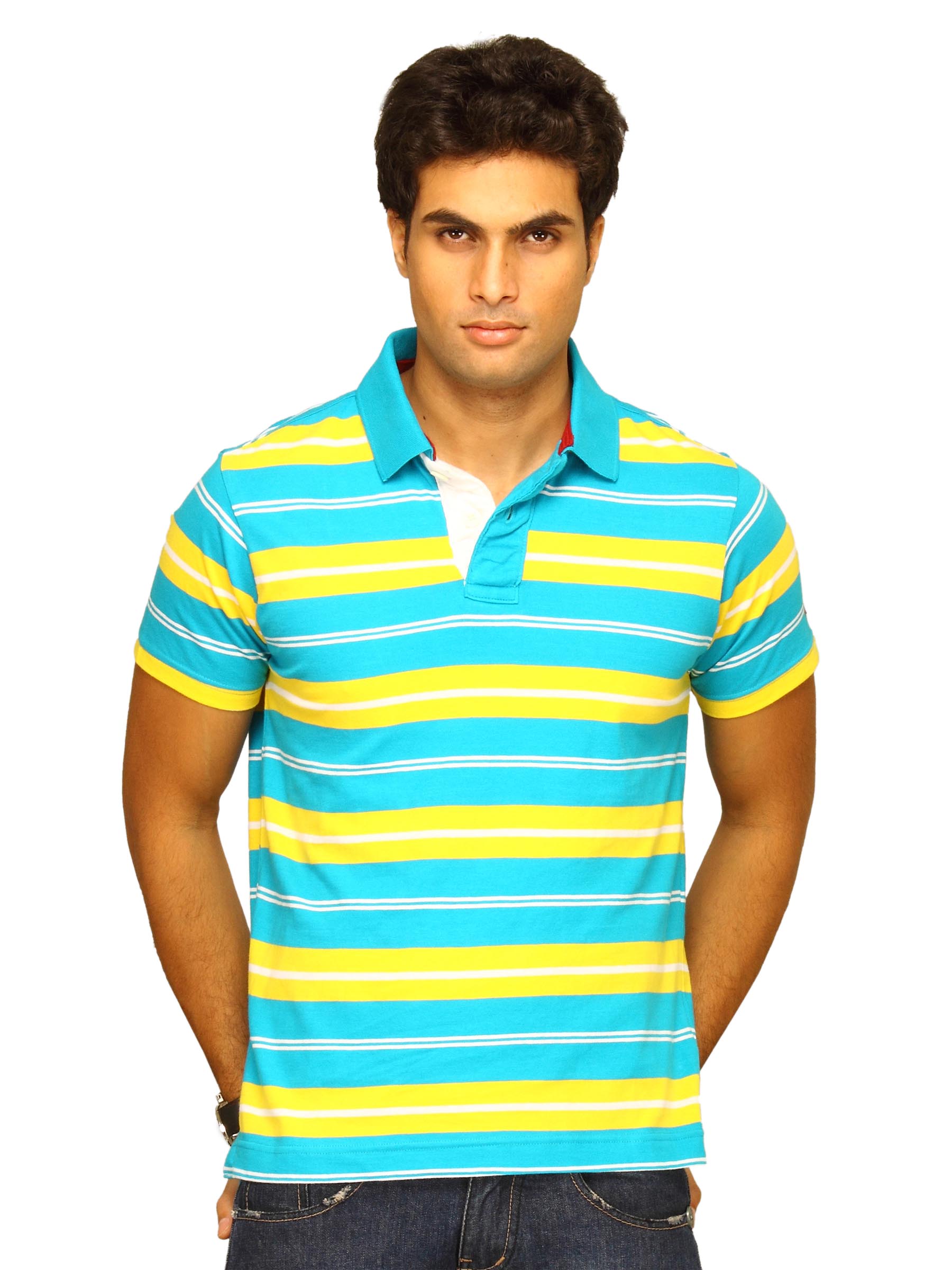 Basics Men Blue & Yellow Striped Polo T-shirt