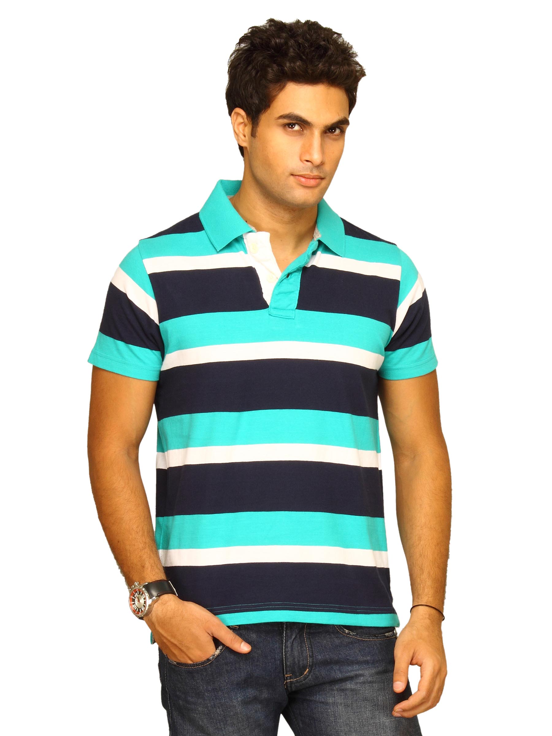 Basics Men Blue & White Striped Polo T-shirt