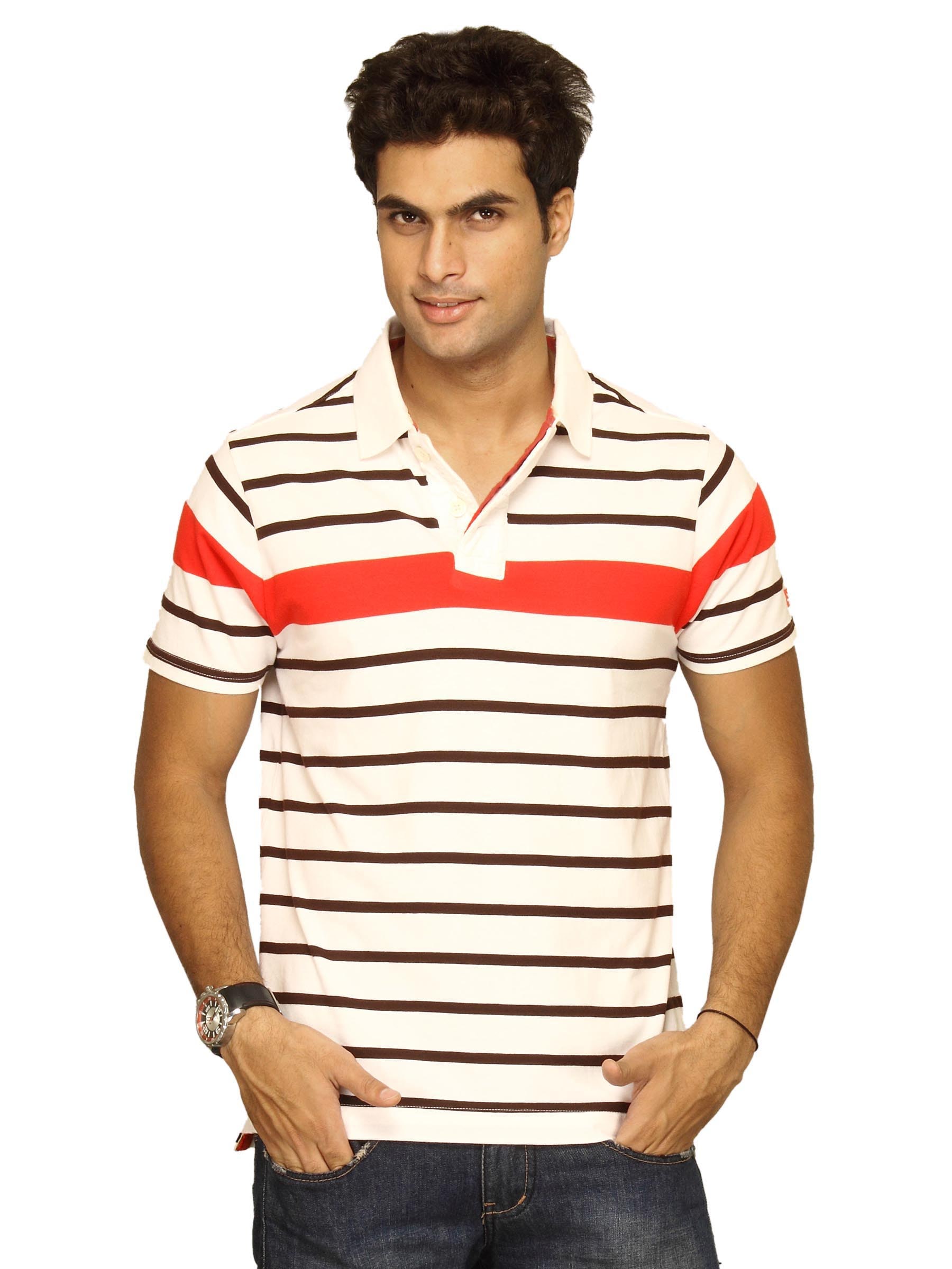 Basics Men White & Red Striped Polo T-shirt