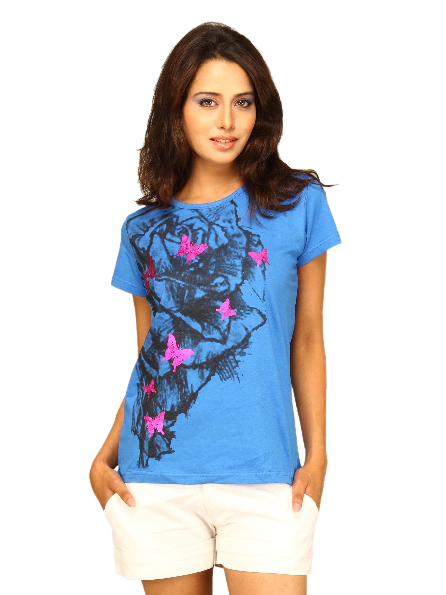 Jealous 21 Womens Blue Rose & Butterfly T-shirt