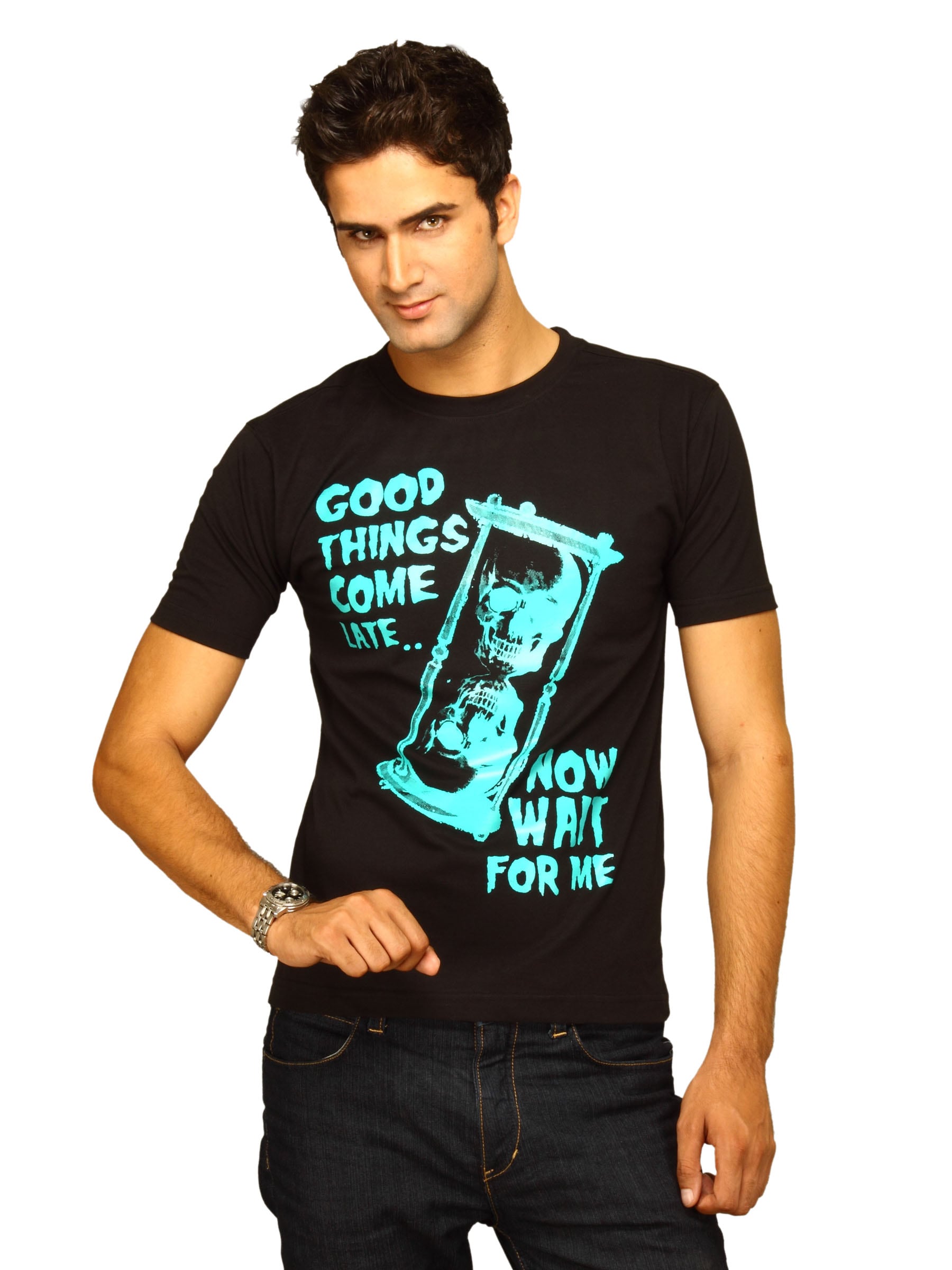Myntra Men's Good Things Come Late Black T-shirt