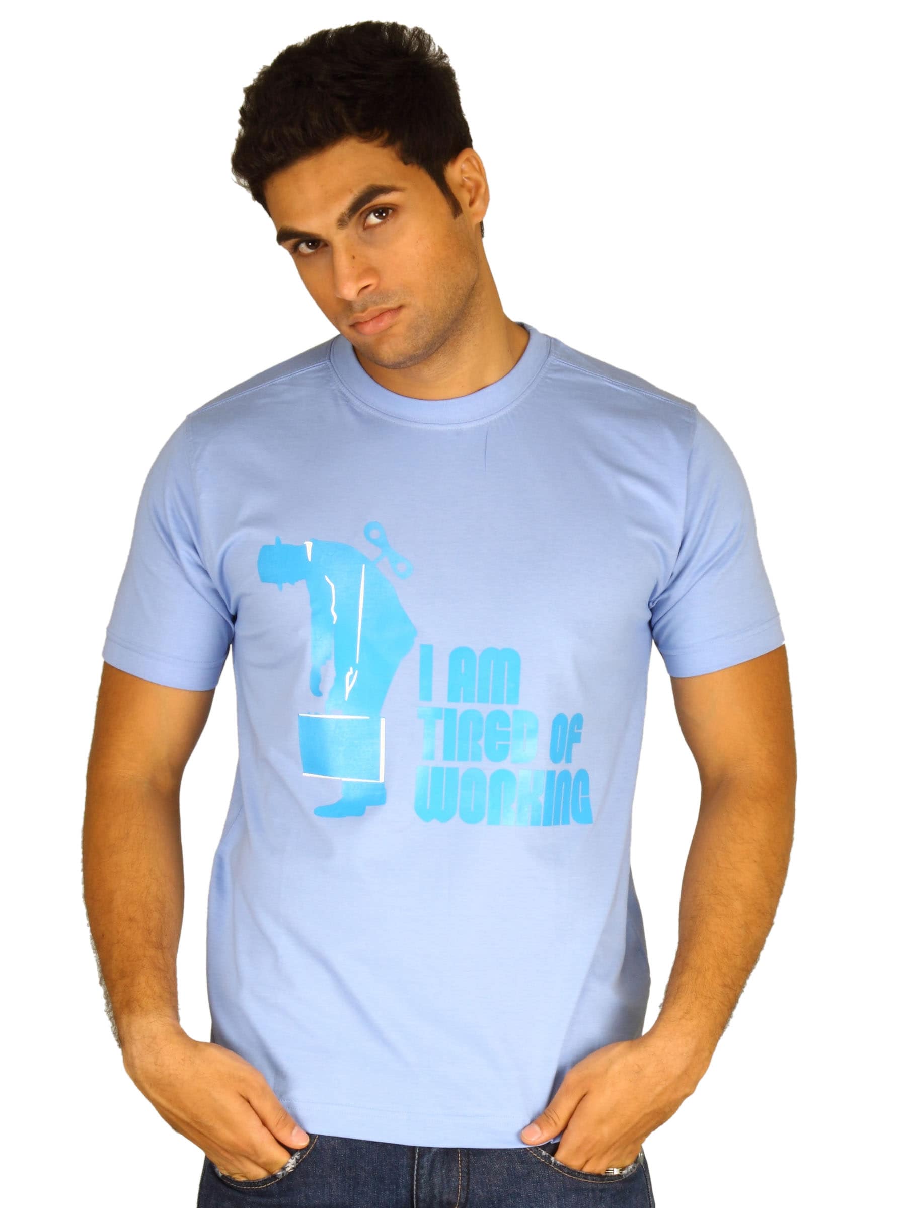 Myntra Men's I Am Tired Of Working Sky Blue T-shirt