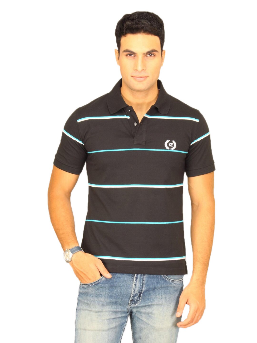 Classic Polo Men's Black With Blue White Stripes T-shirt