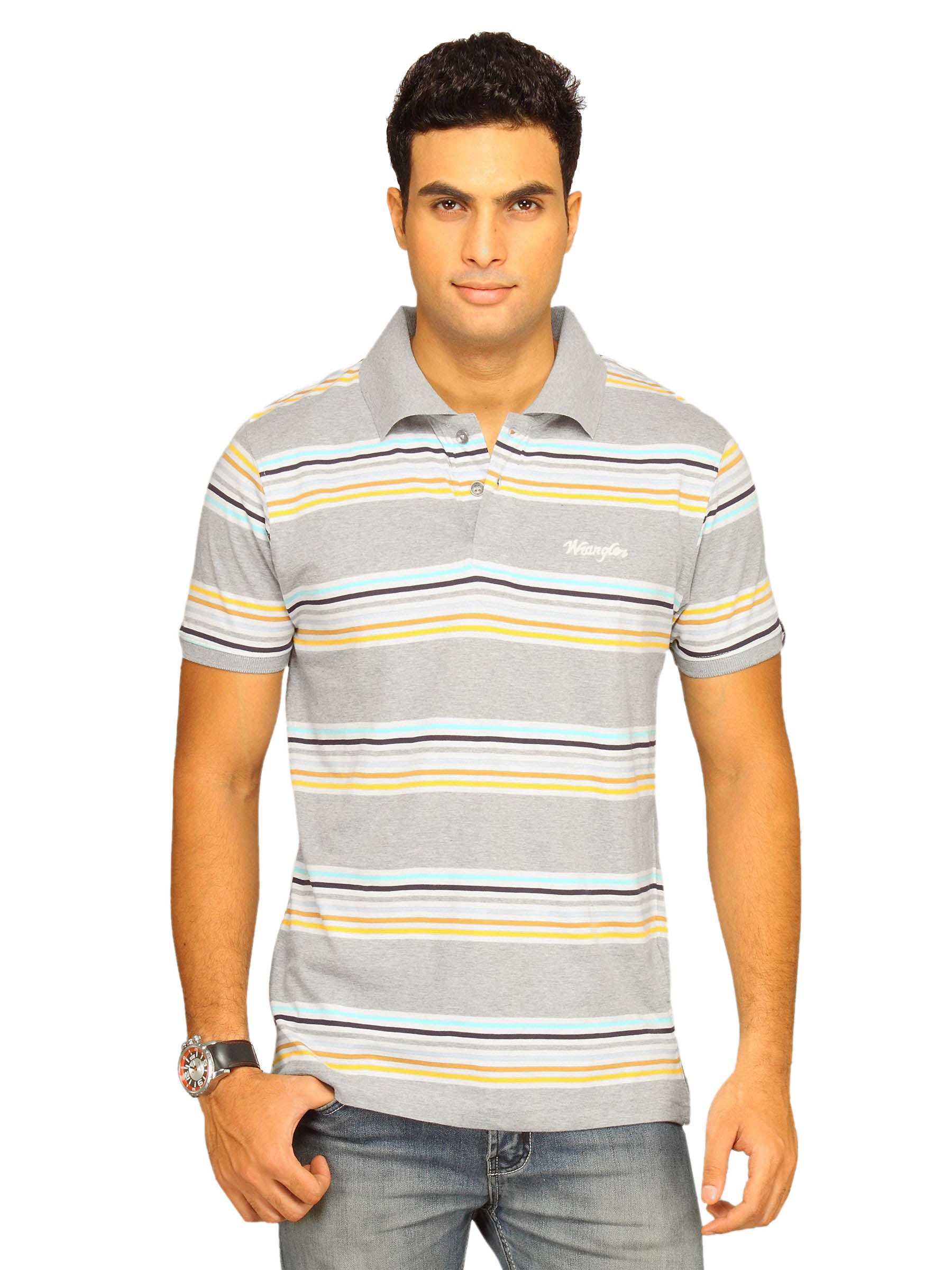 Wrangler Men's Multicolor Striper Grey Melange T-shirt
