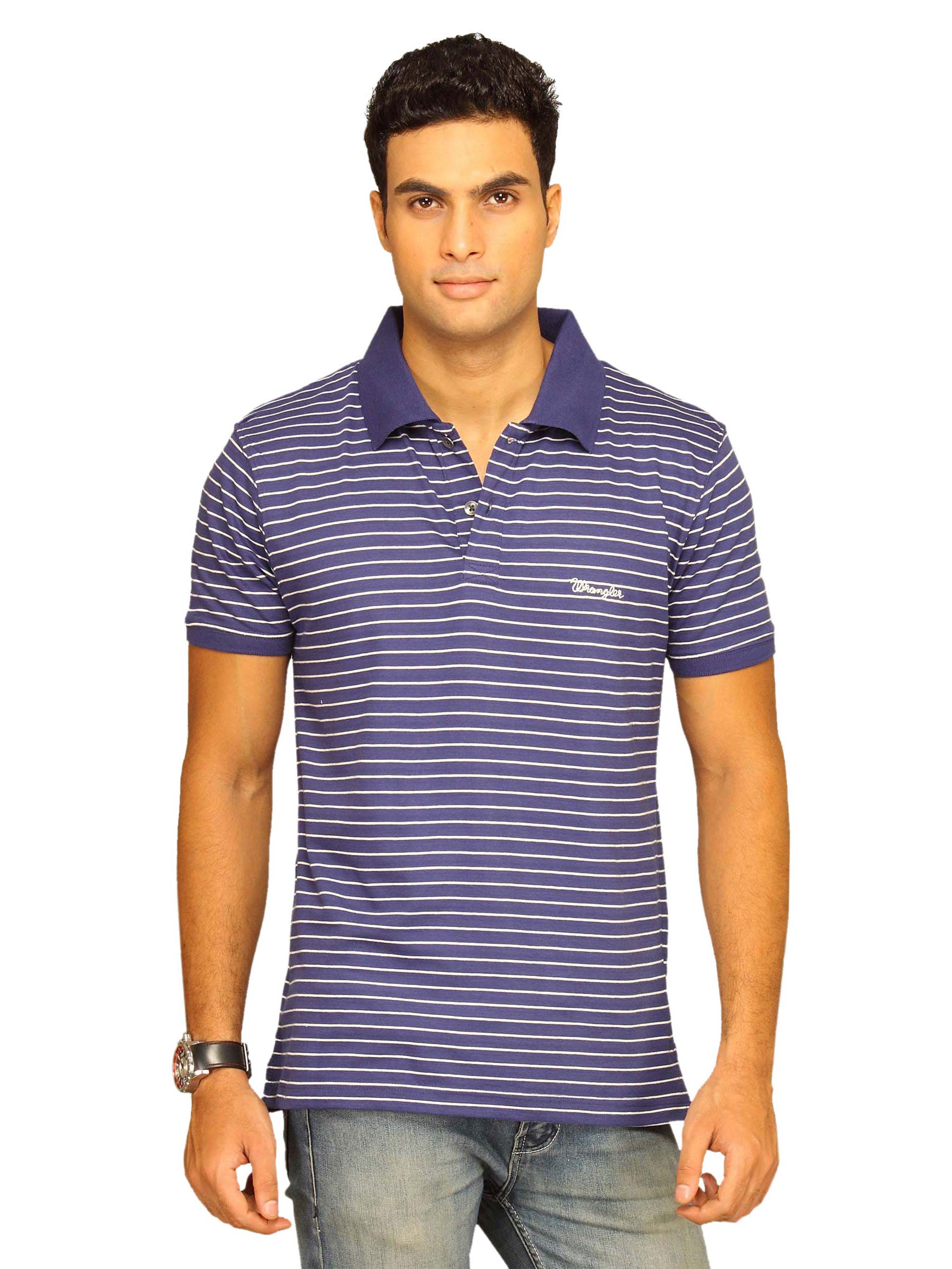 Wrangler Men's Rover Med Stripe Polo Navy T-shirt