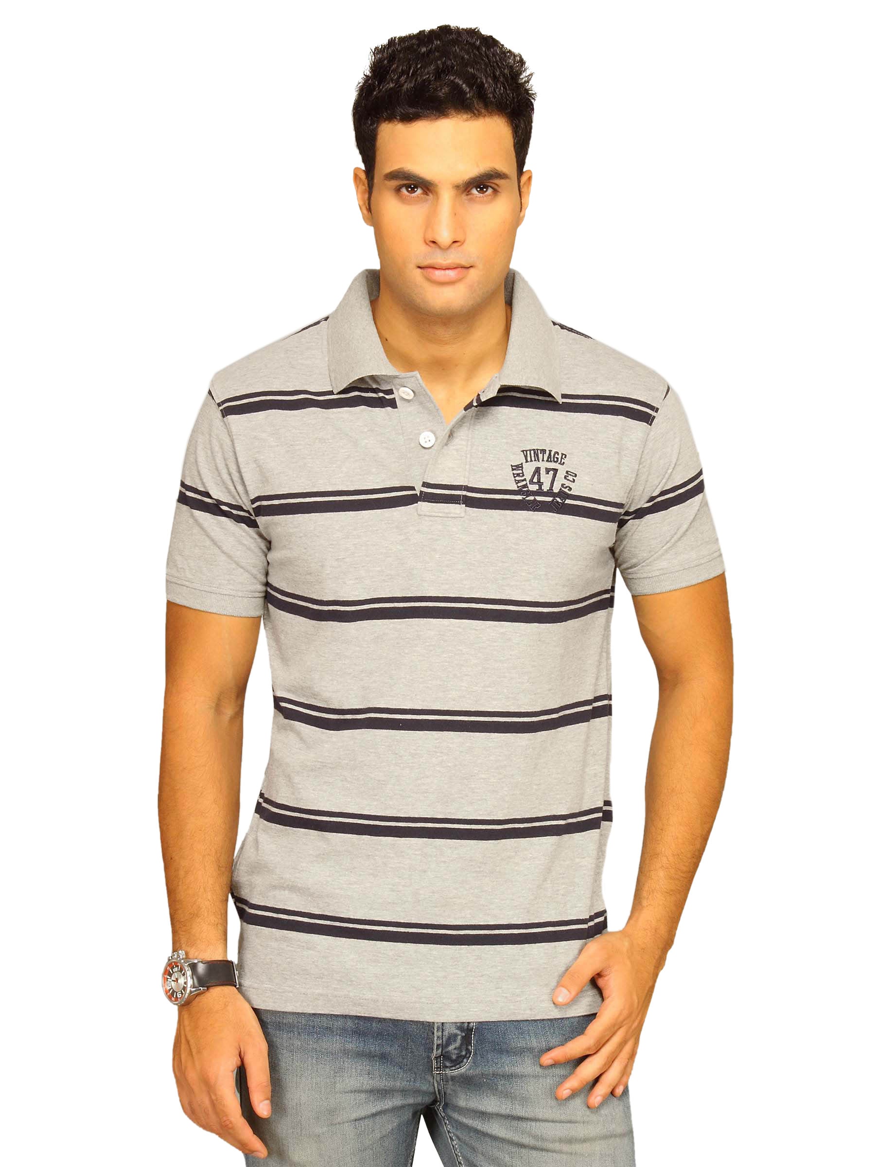 Wrangler Men's Broad Stripe Polo Grey Melange T-shirt