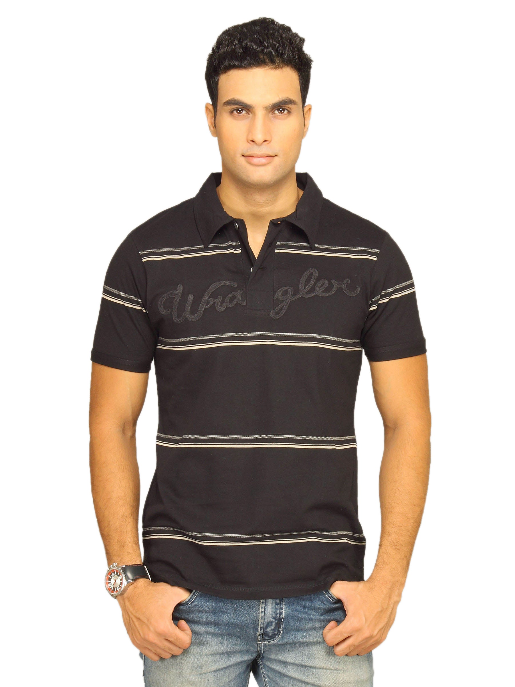 Wrangler Men's Engine Broad Stripe Polo Black T-shirt
