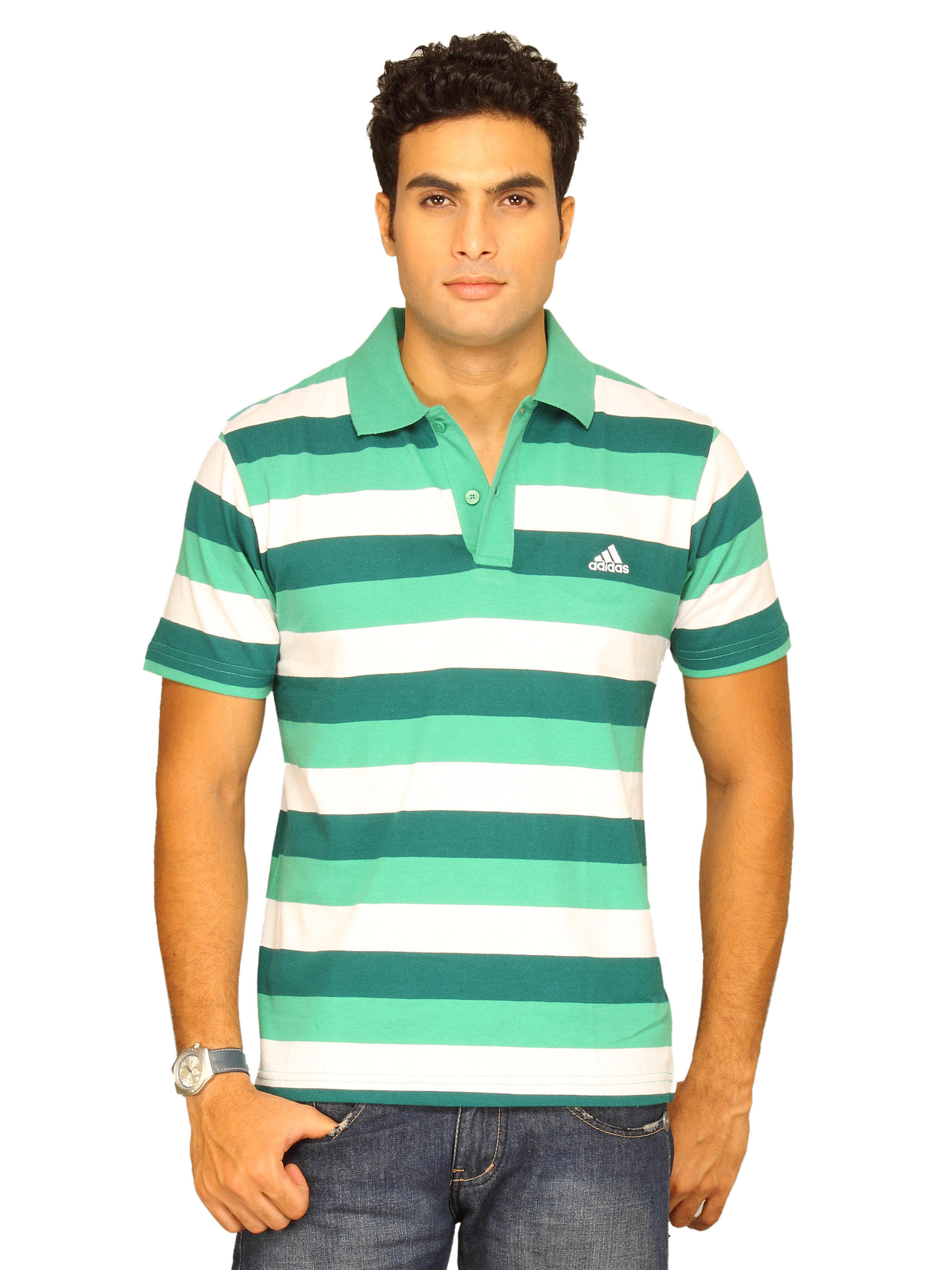 ADIDAS Men's Stripe Polo Green Spirit White T-shirt