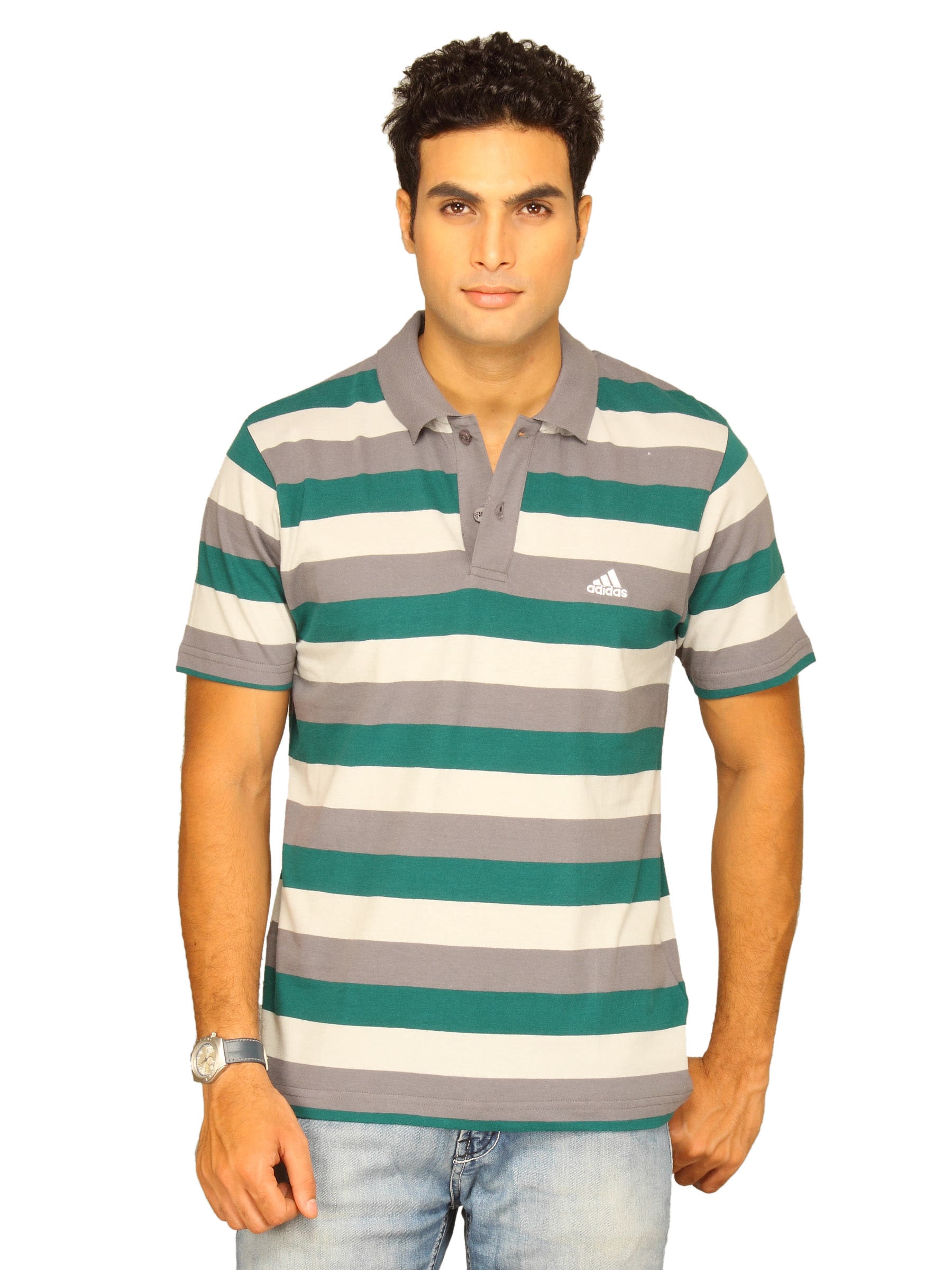 ADIDAS Men's Stripe Polo Green Grey T-shirt