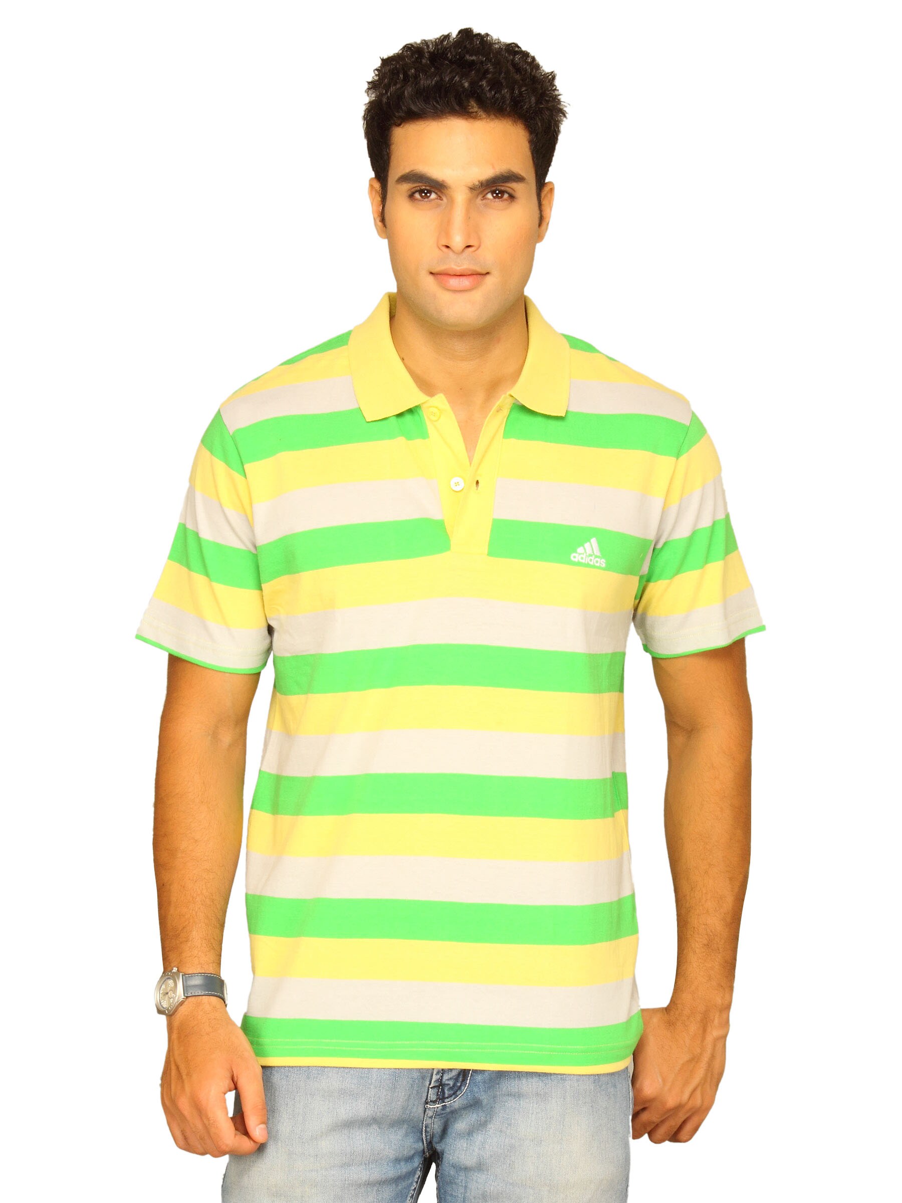 ADIDAS Men's Stripe Polo Green Grey Yellow T-shirt