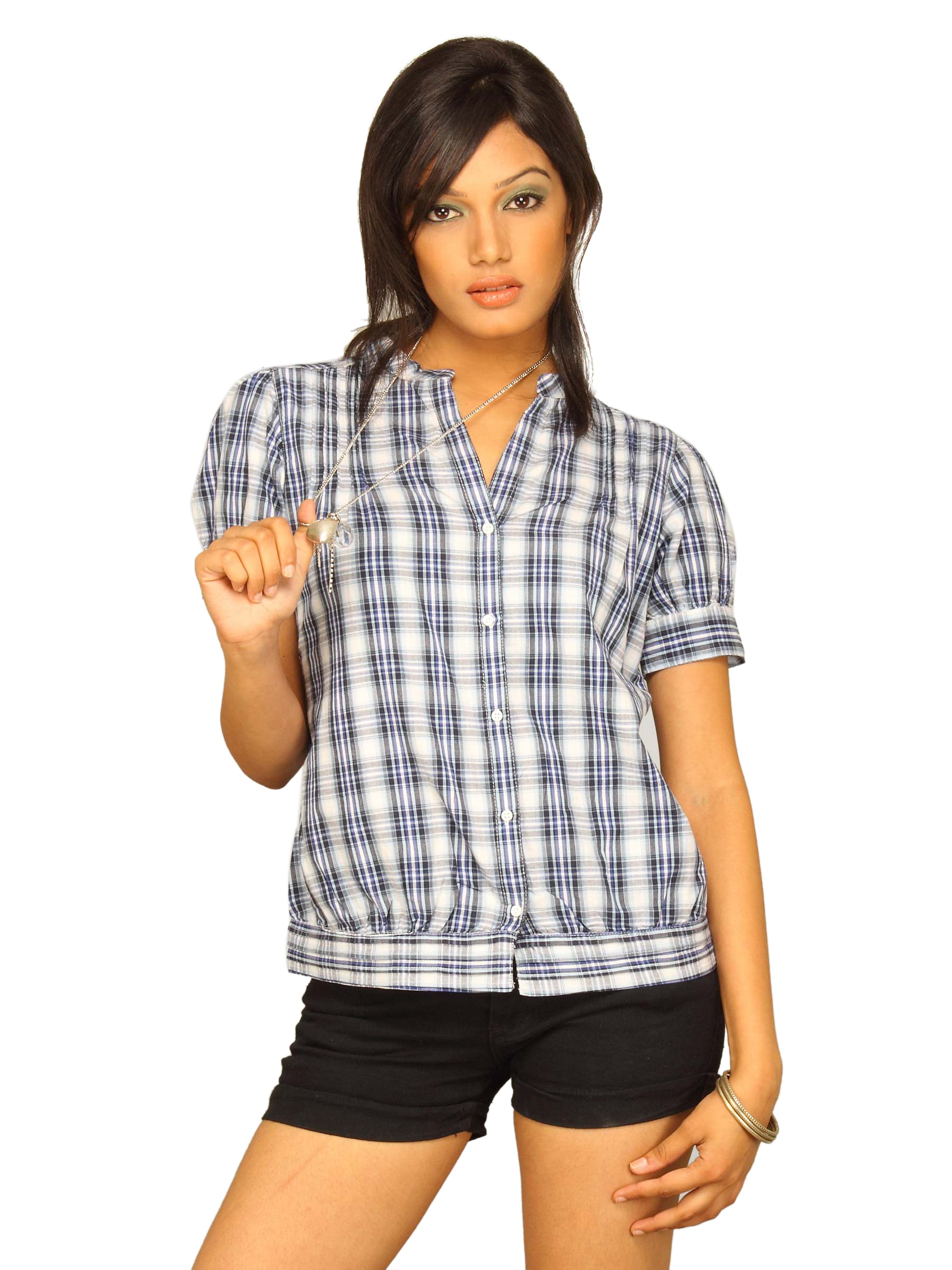 Wrangler Women Yoke Tucks Check Blue Black Top