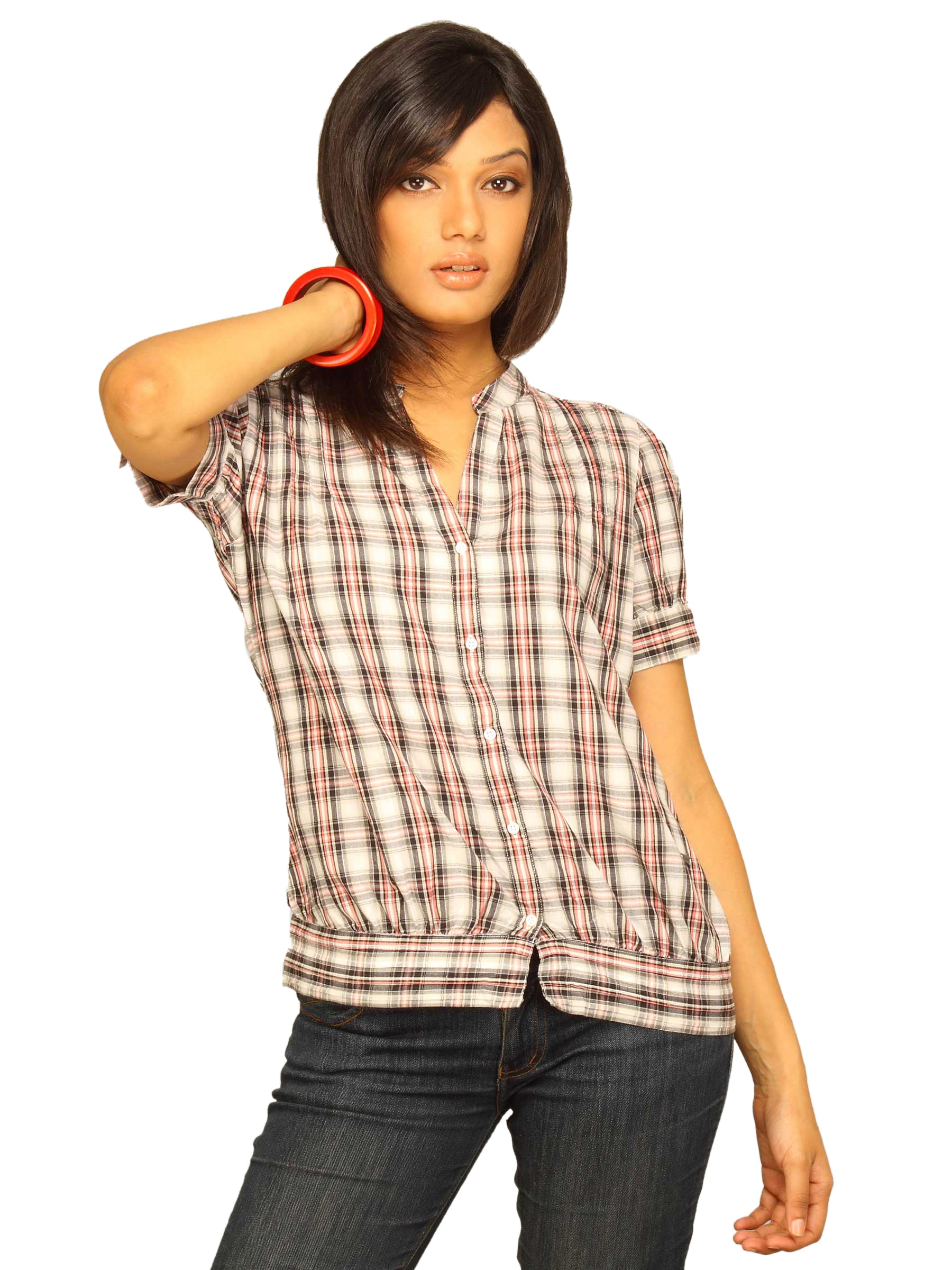 Wrangler Women Yoke Tucks Checks Pink White Top