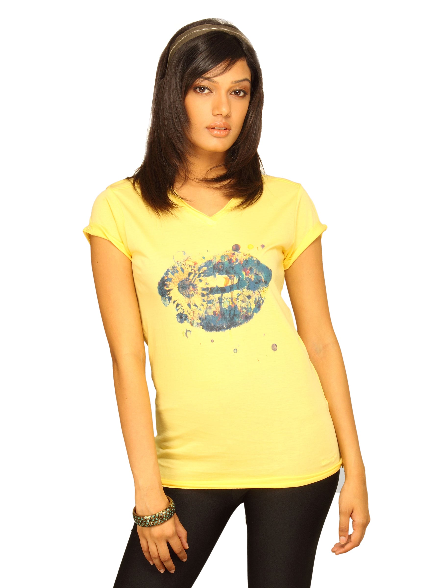 Wrangler Women's Lip Print Yellow T-shirt