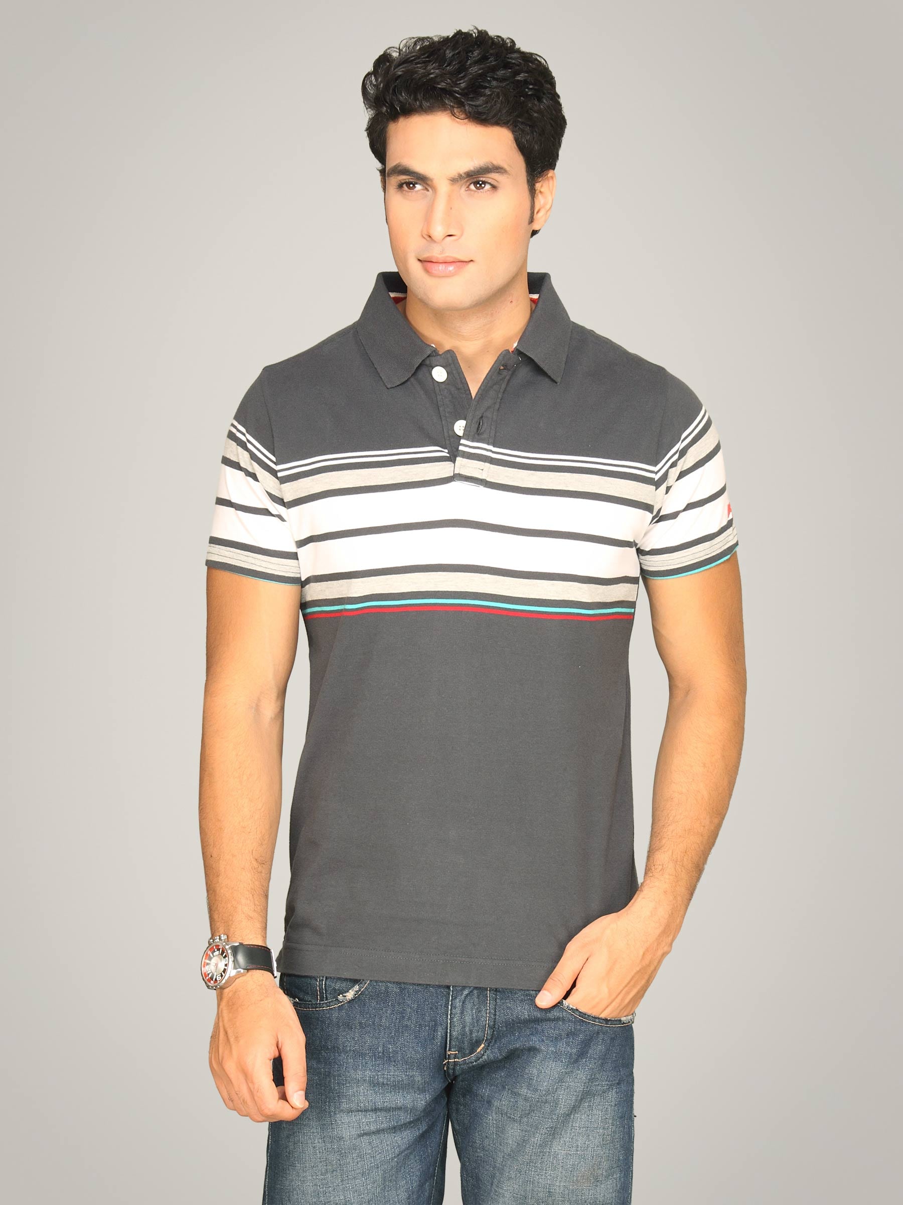 Basics Men Grey & White Striped T-shirt