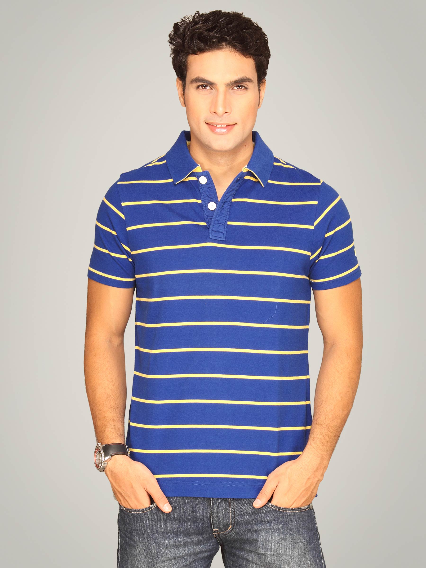 Basice Men Blue & Yellow Striped Polo T-shirt