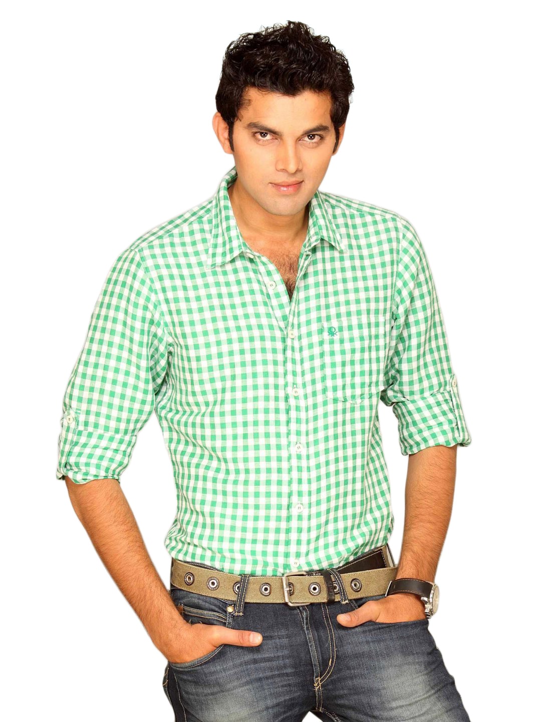UCB Men Linen Small Checks Green Shirt