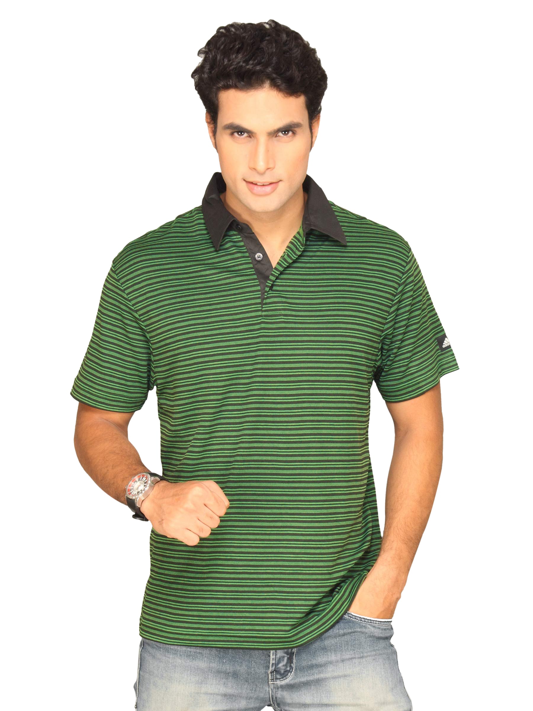 ADIDAS Men's Strip Polo Black Green T-shirt