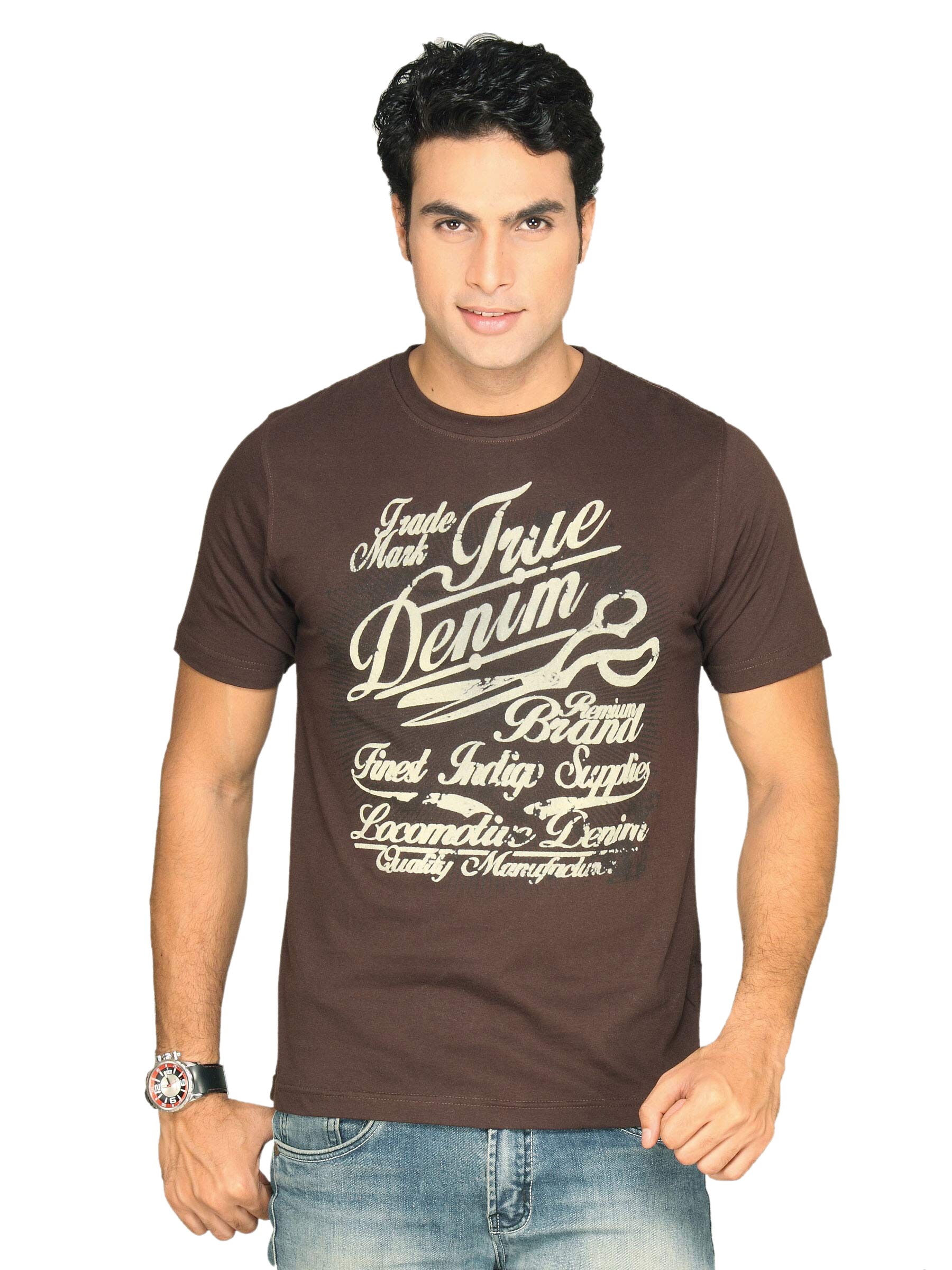 Locomotive Men's Ribbed Neck Brown T-shirt