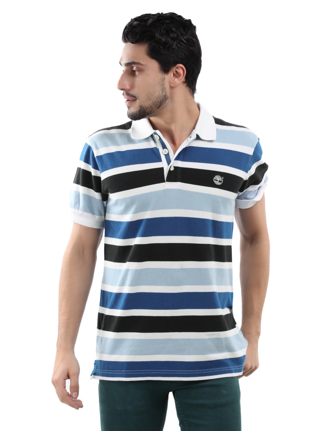 Timberland Men Blue & White Striped Polo T-shirt
