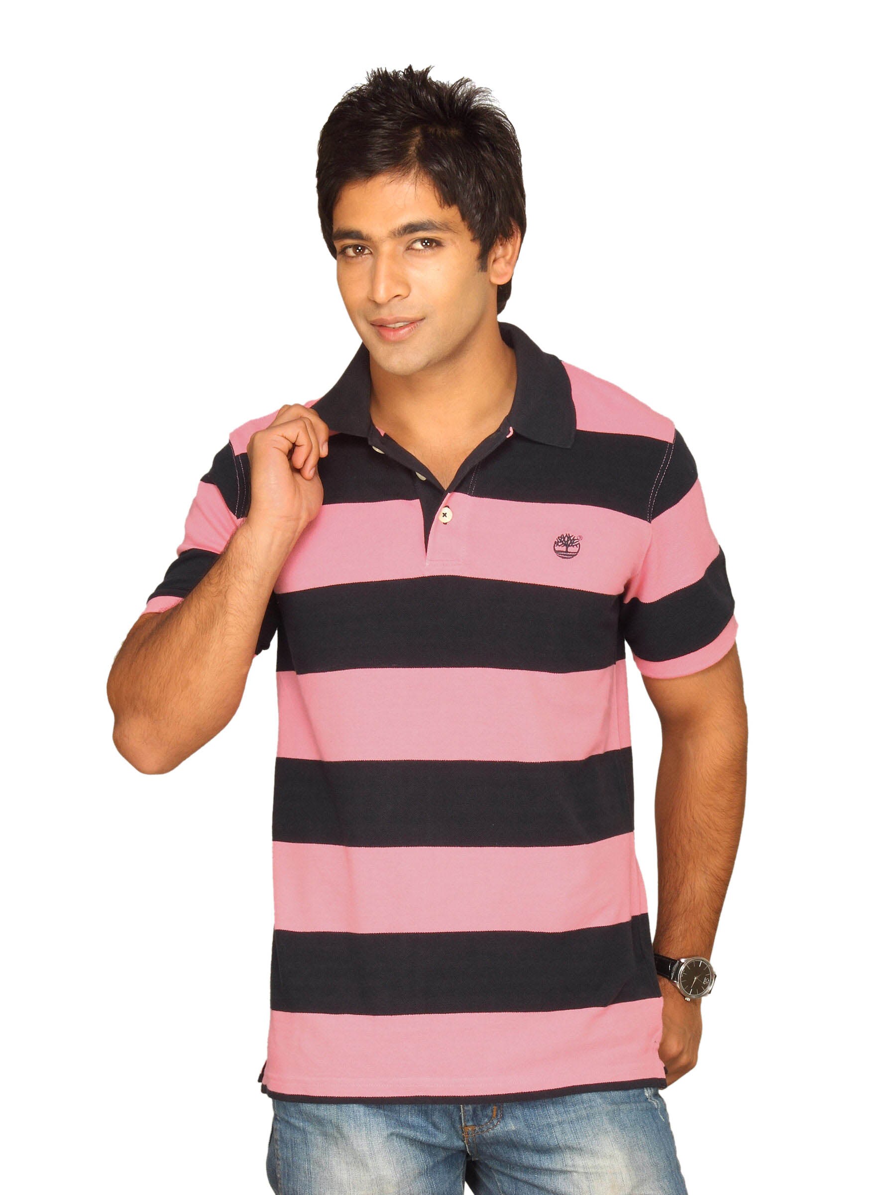 Timberland Men's Rugby Stripe Pique Polo Pink T-shirt