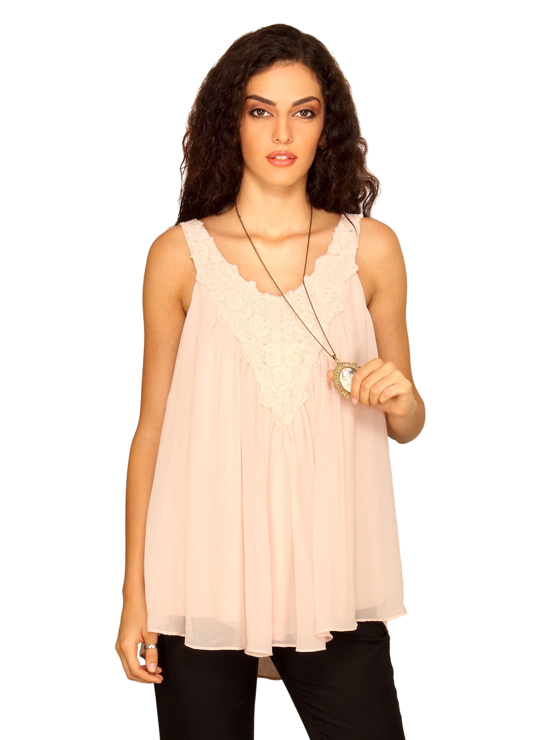 Forever New Women Peach Floral Lace Neckline Peach Top