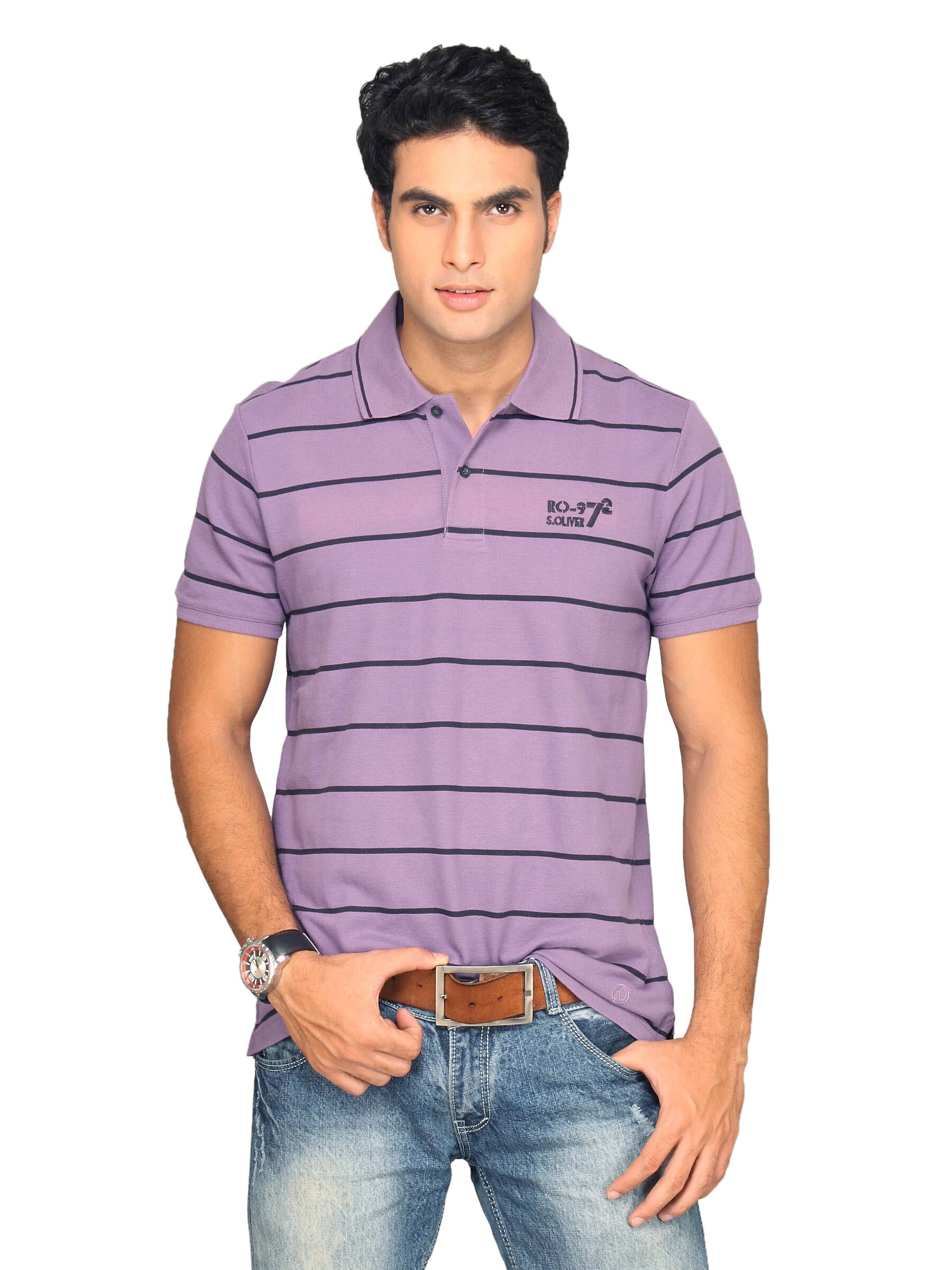 s.Oliver Men's Polo Black Stripe Purple T-shirt