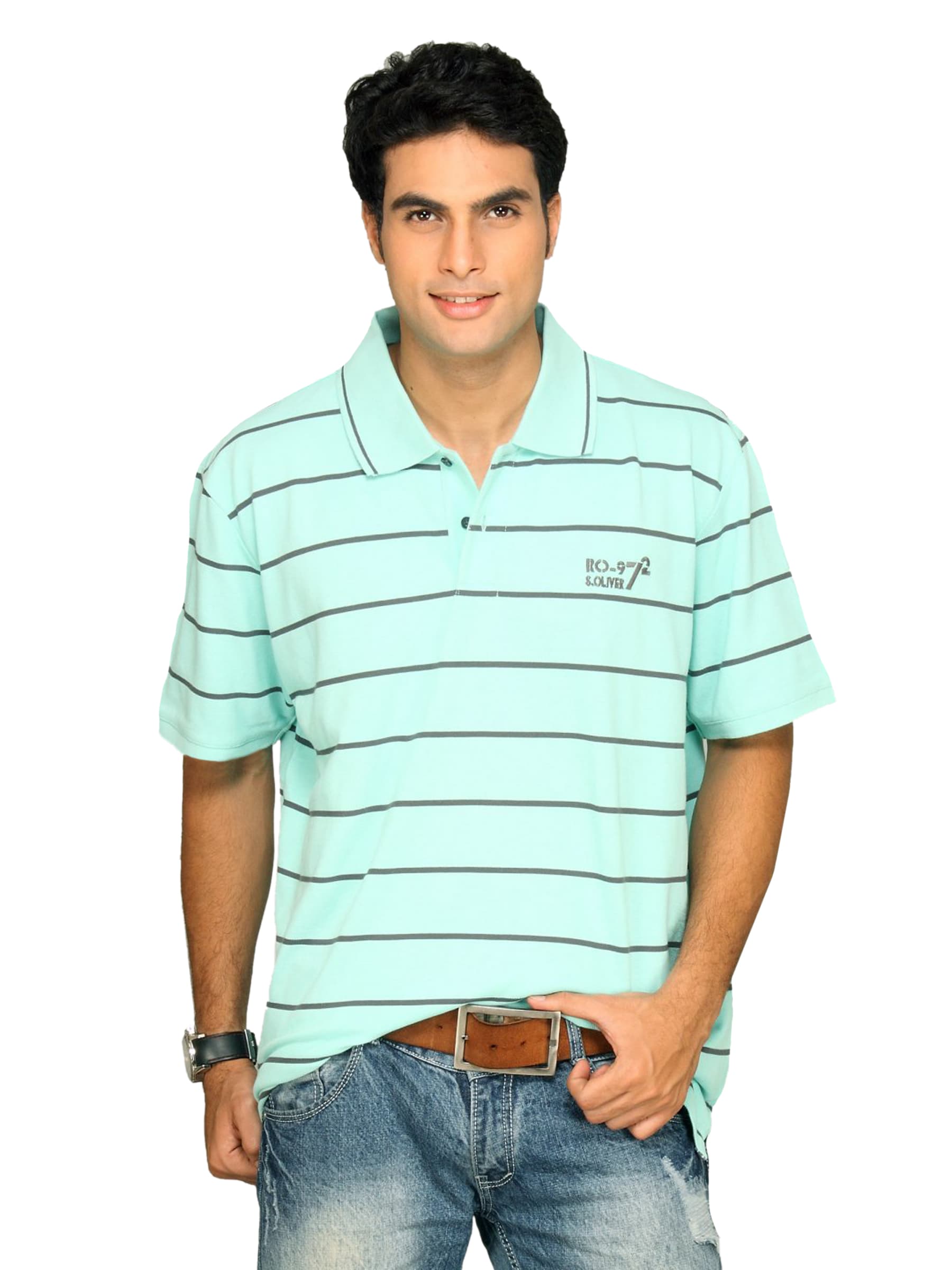s.Oliver Men's Mint Polo Grey Stripes Blue T-shirt