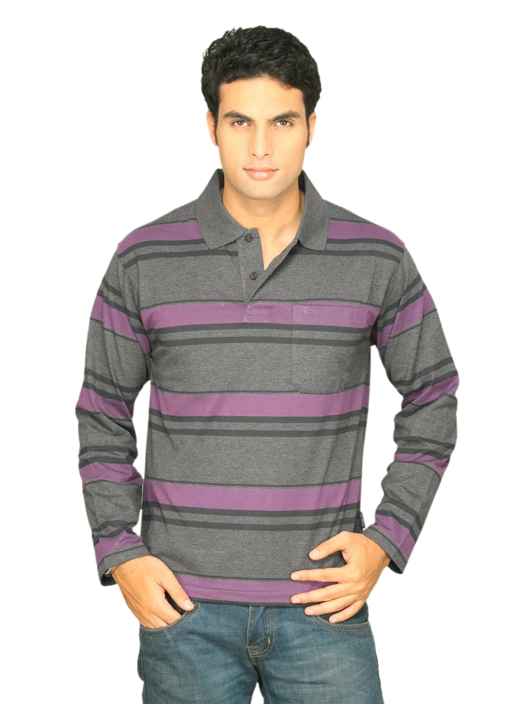 Classic Polo Men's Dark Grey With Black Purple Stripes T-shirt