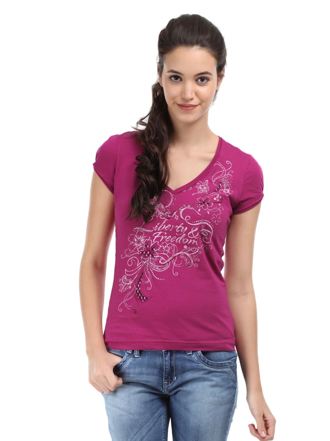 s.Oliver Women Meganta Printed T-Shirt