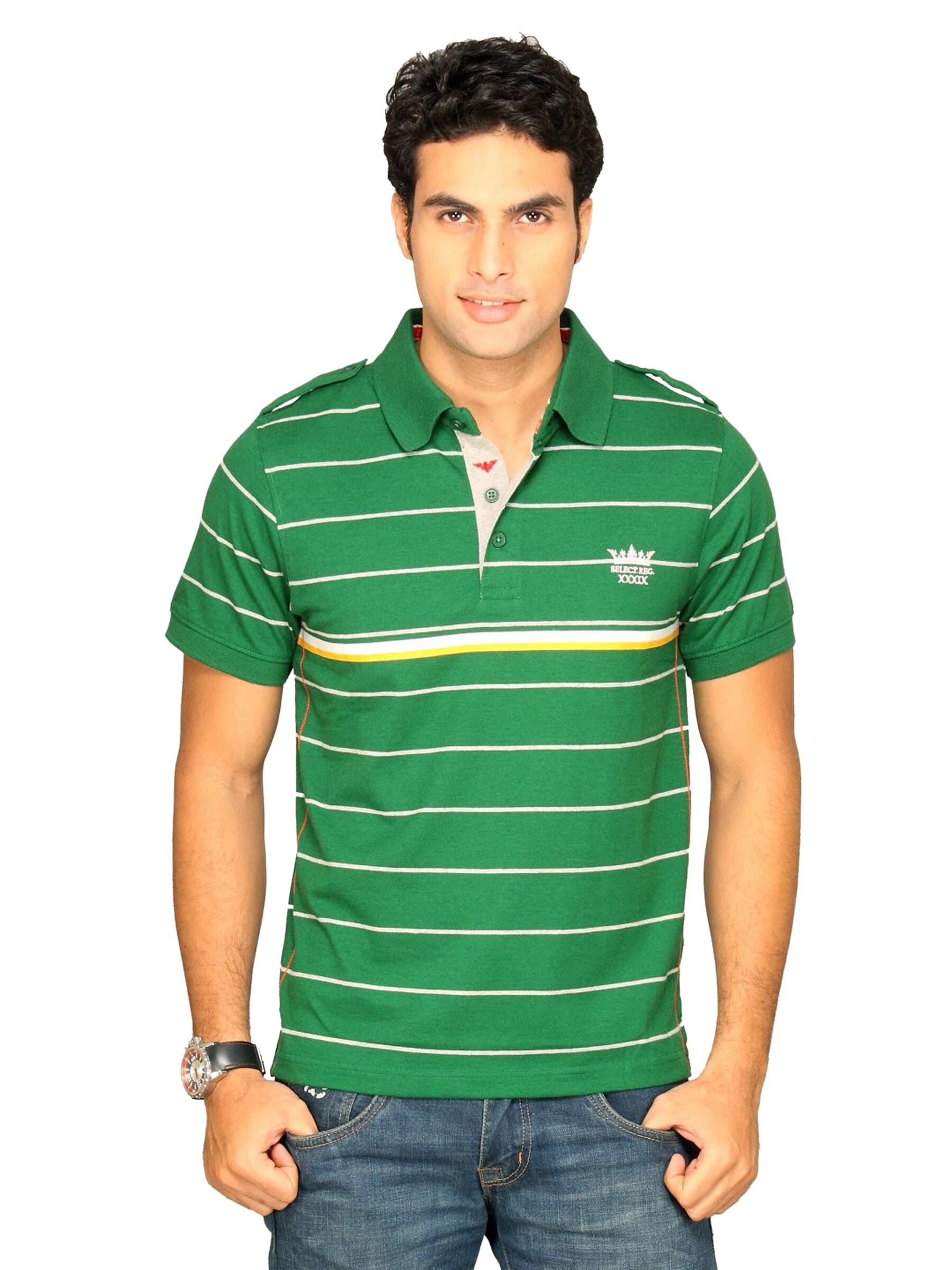 Classic Polo Men's Green Polo With Grey Stripes T-shirt