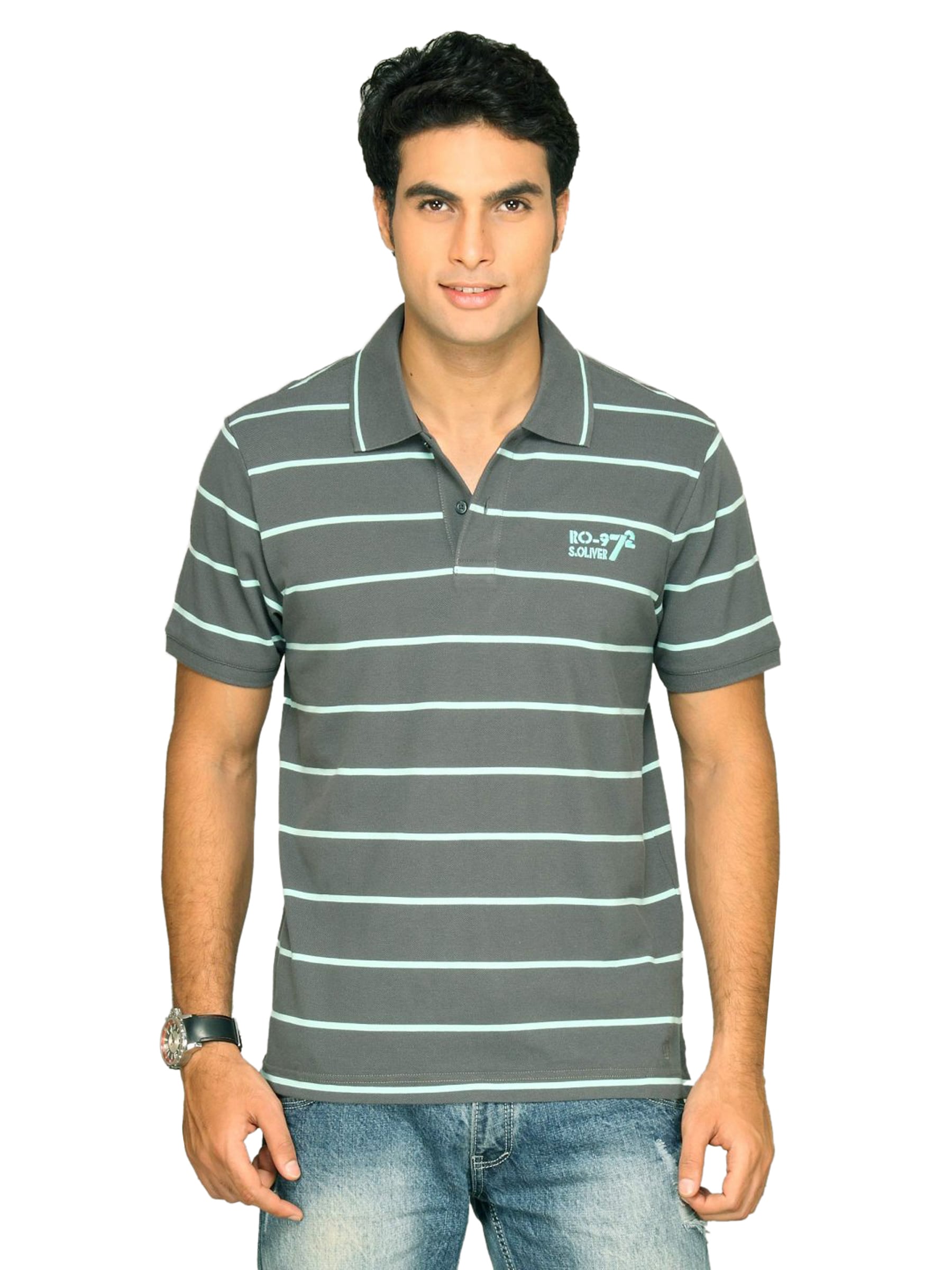 s.Oliver Men's Polo Blue Stripes Grey T-shirt