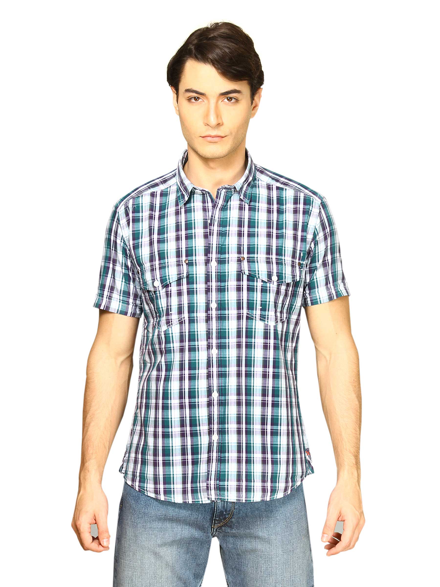 Scullers Men Green & Purple Checked Shirt