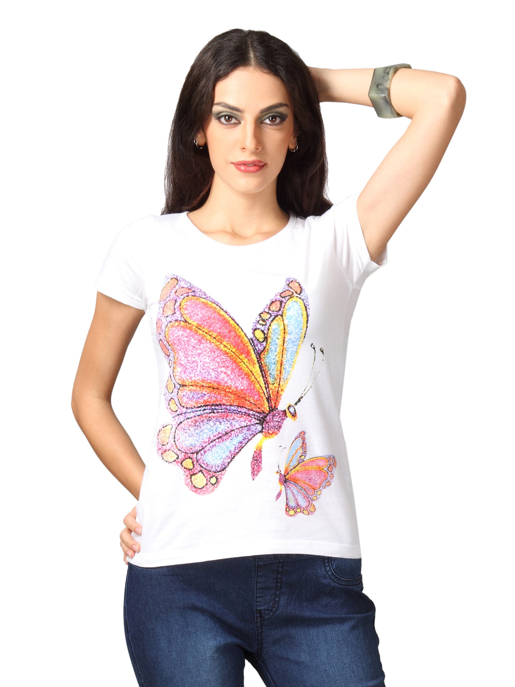 Jealous 21 Women Knit Butterfly Print White Top