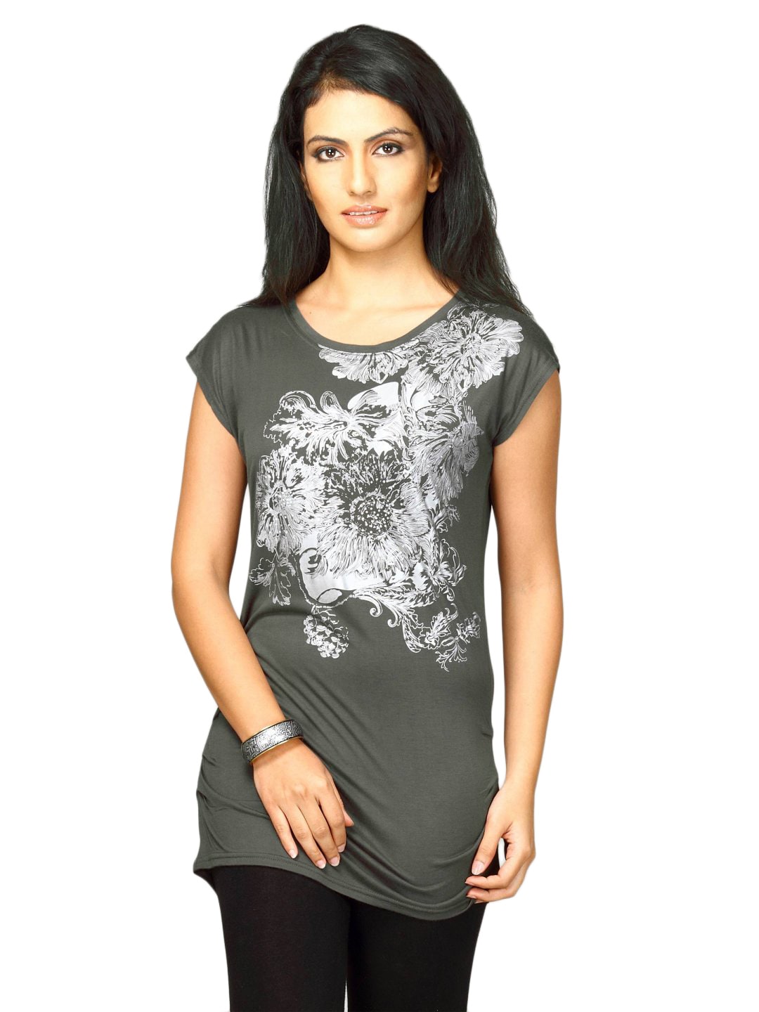 Jealous 21 Women's Shimmery Flower Print Grey Top